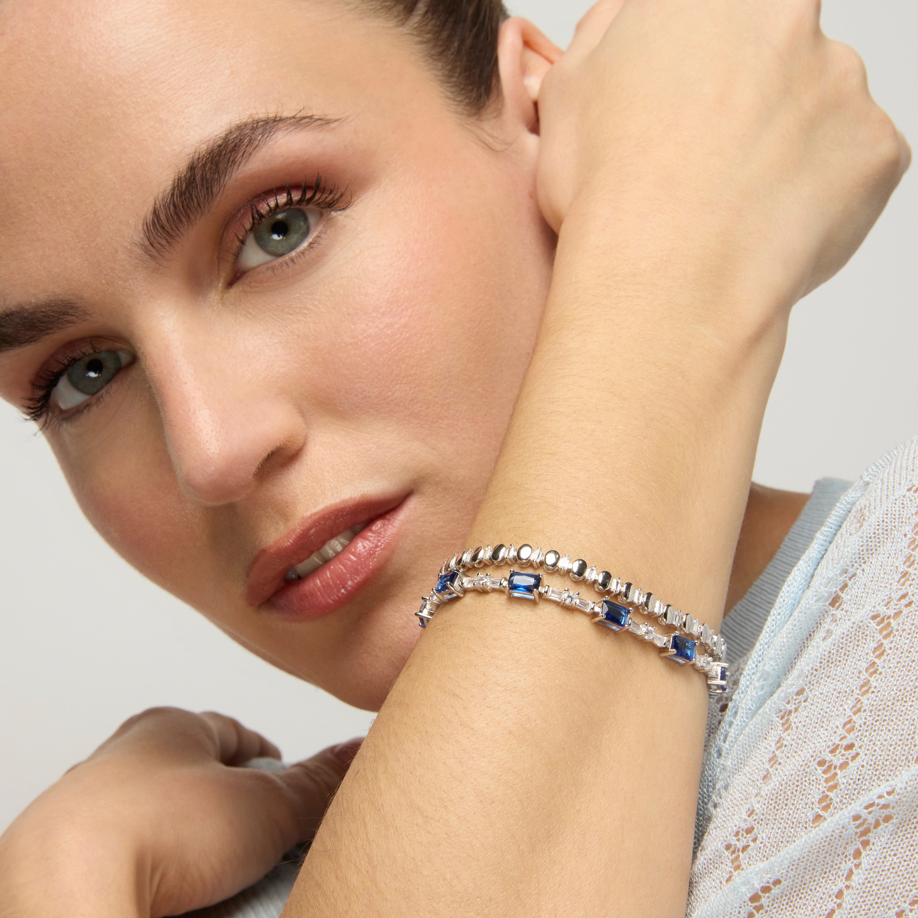 925 Sterling Silver and Aquamarine Zirconia Bracelet with Rhodium Finish - Nasrie