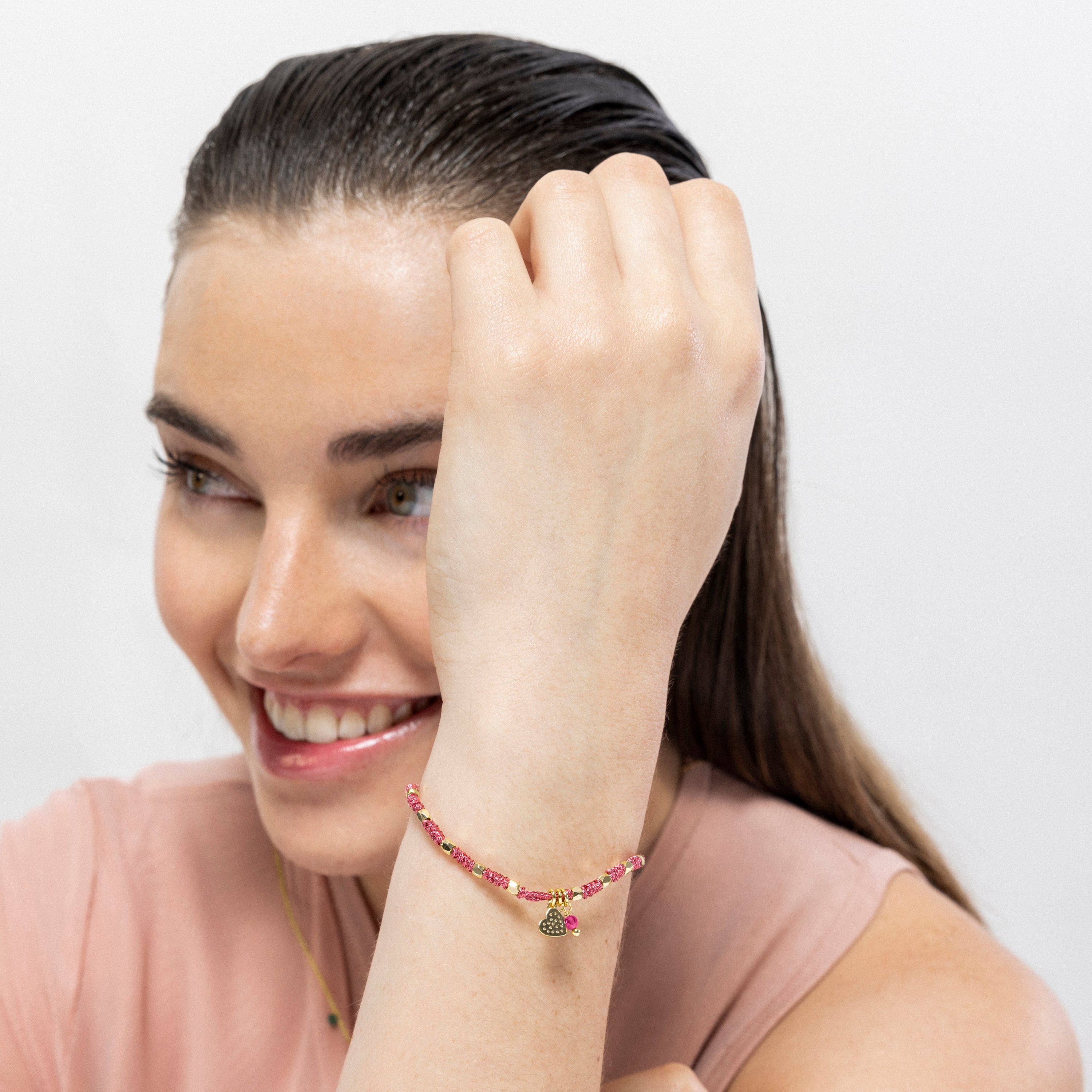 925 Sterling Silver and Pink Crystal Bracelet finished in 18K yellow gold - Heart