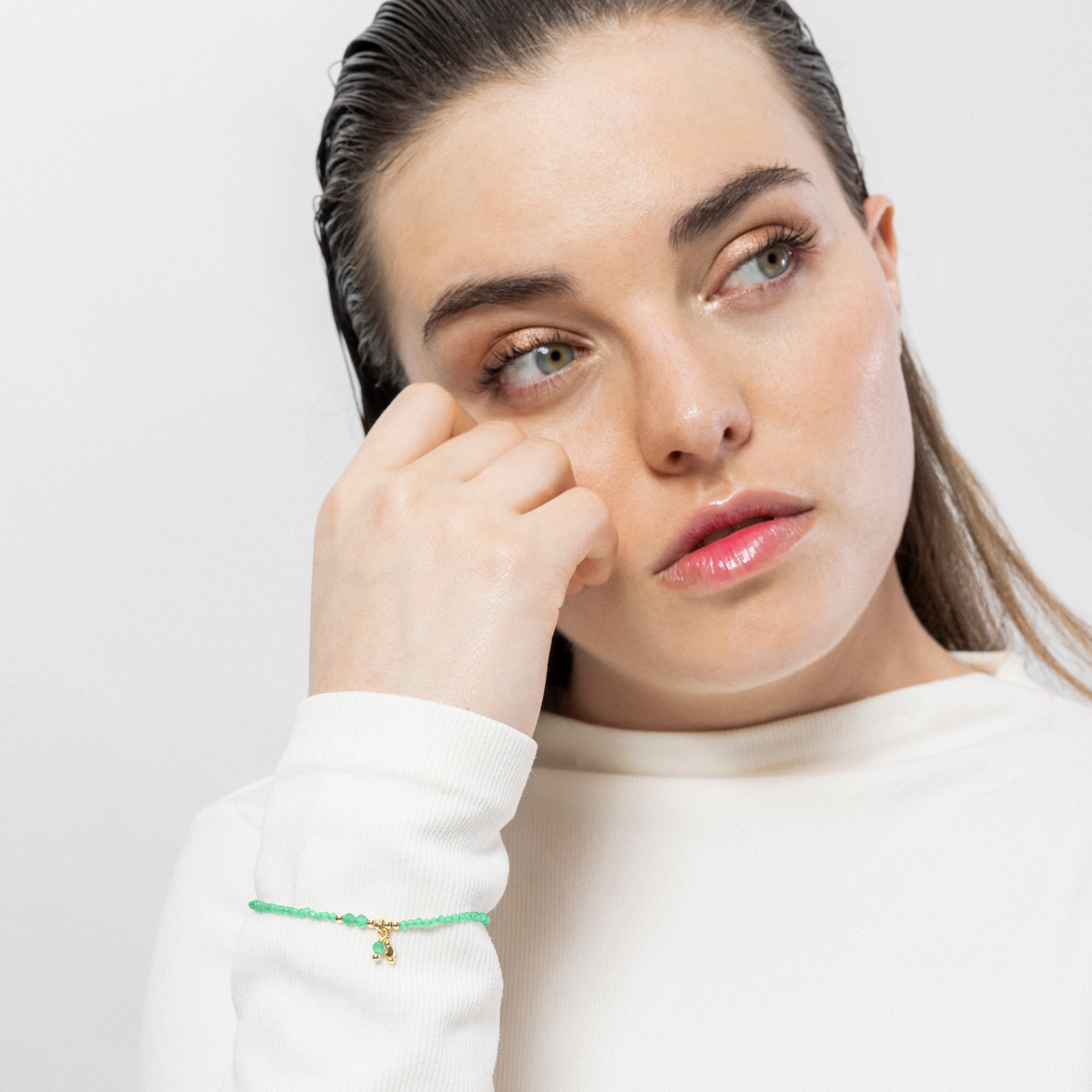 Pulseira de Prata de Lei 925 e Cristal Verde com acabamento em ouro amarelo 18k - Bialak