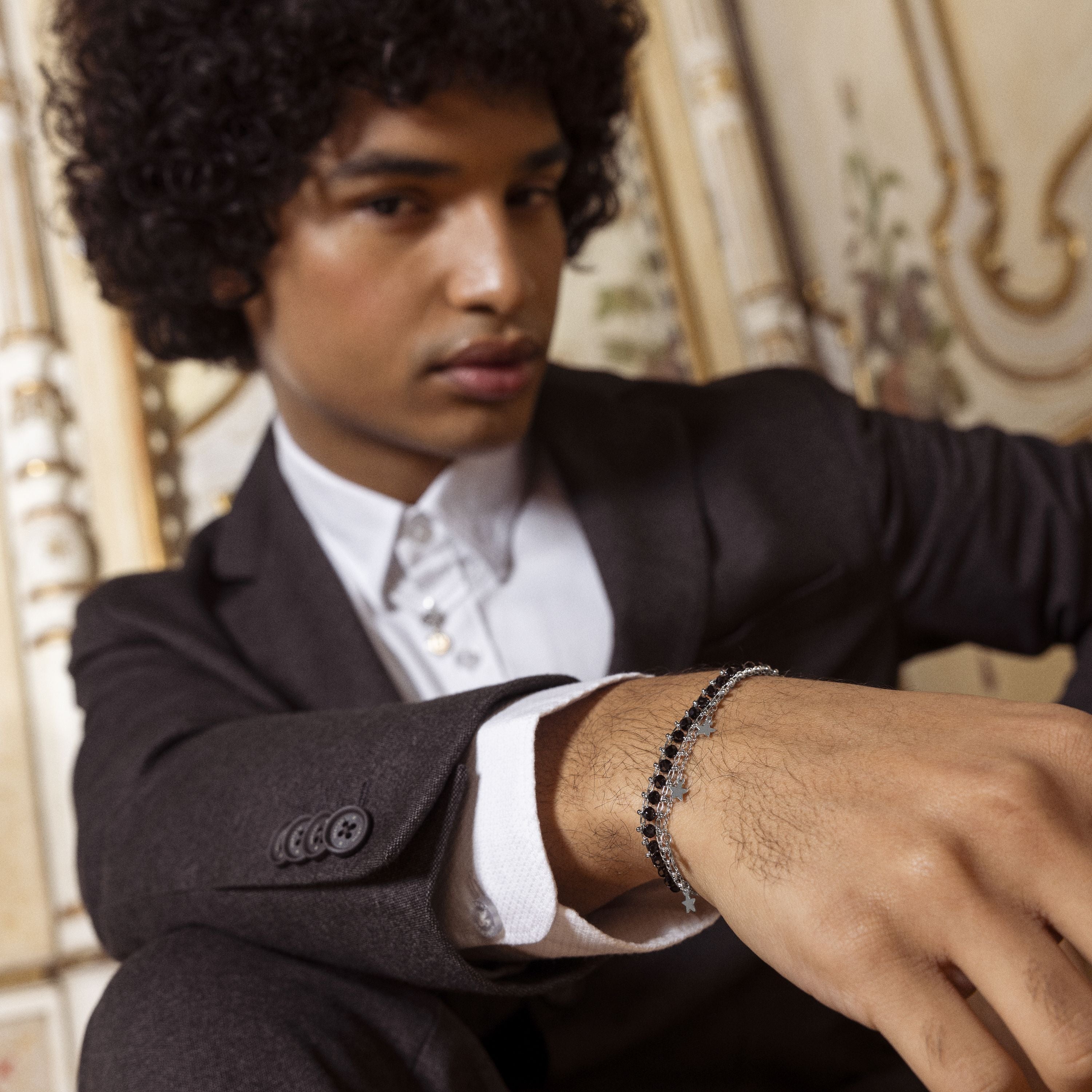 Pulseira de Prata de Lei 925 com Cristal Preto com acabamento em ródio - Lailai