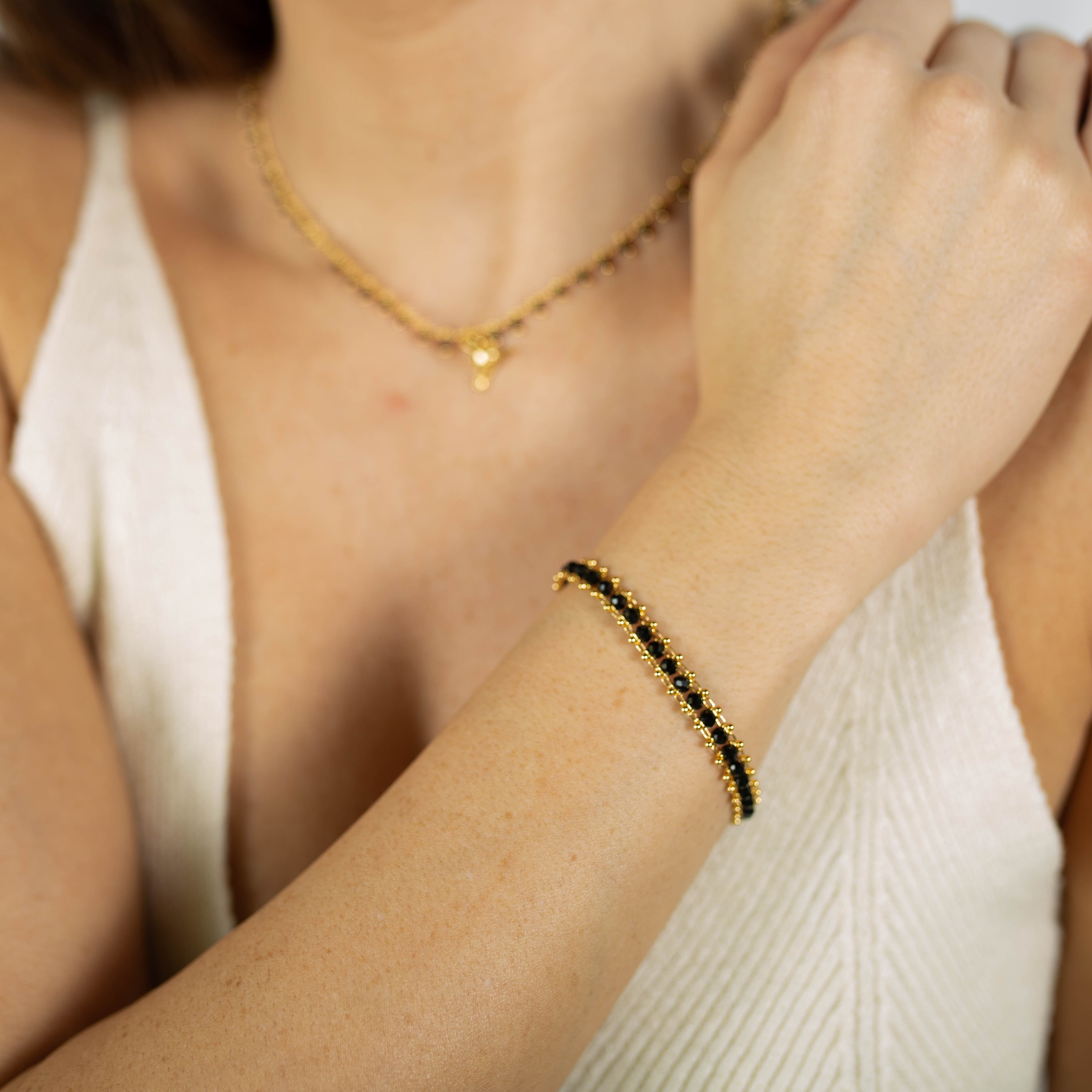 925 Sterling Silver Bracelet with Black Crystal finished in 18K Yellow Gold - Lailai