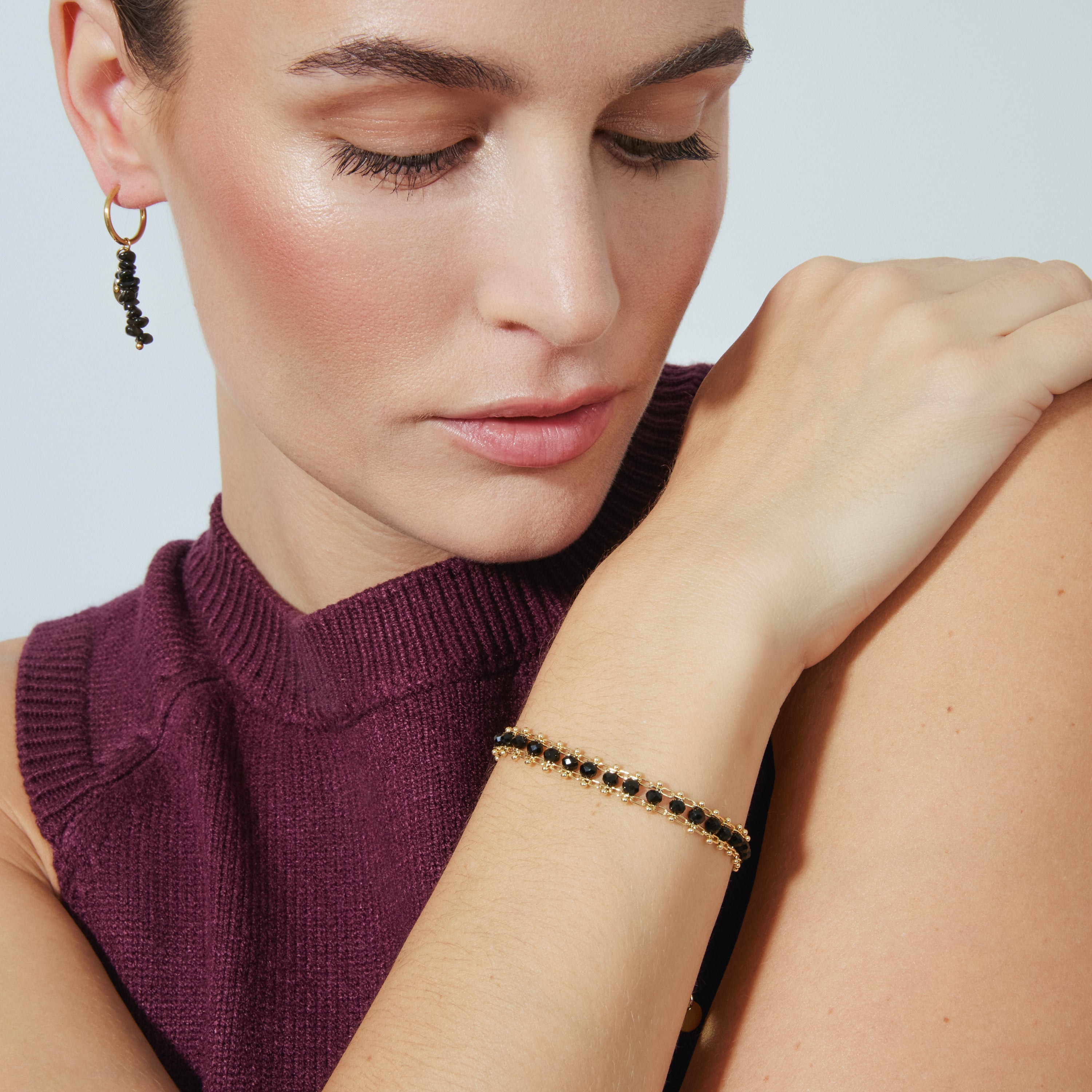 Pulseira de Prata de Lei 925 com Cristal Preto com acabamento em ouro amarelo 18K - Lailai