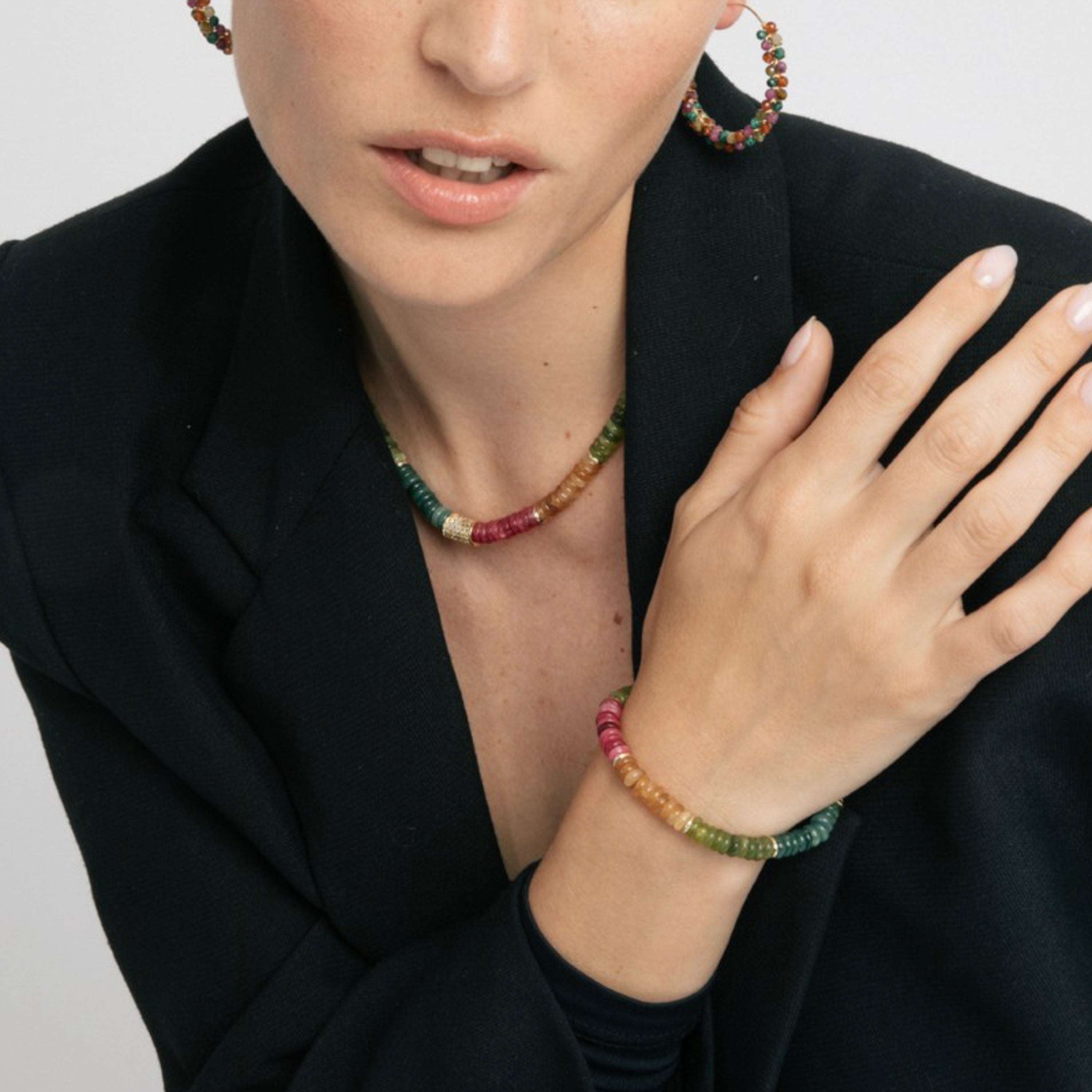 925 Sterling Silver and Multicolored Tourmaline Bracelet with 18k Yellow Gold Finish - Megro
