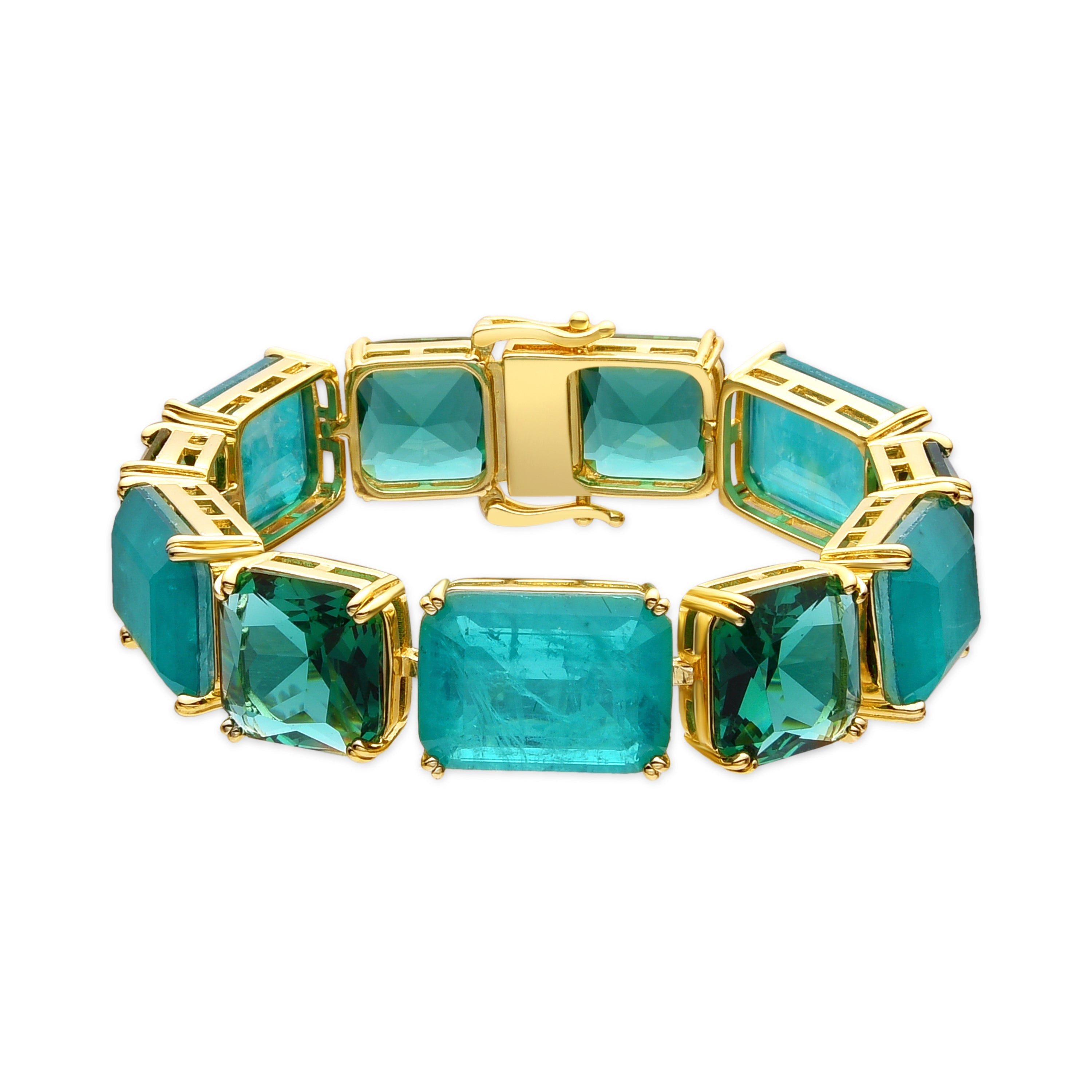 Pulseira de Prata de Lei 925 e Quartzo Hidrotermal Verde Paraíba acabamento ouro amarelo 18k - Lindrak
