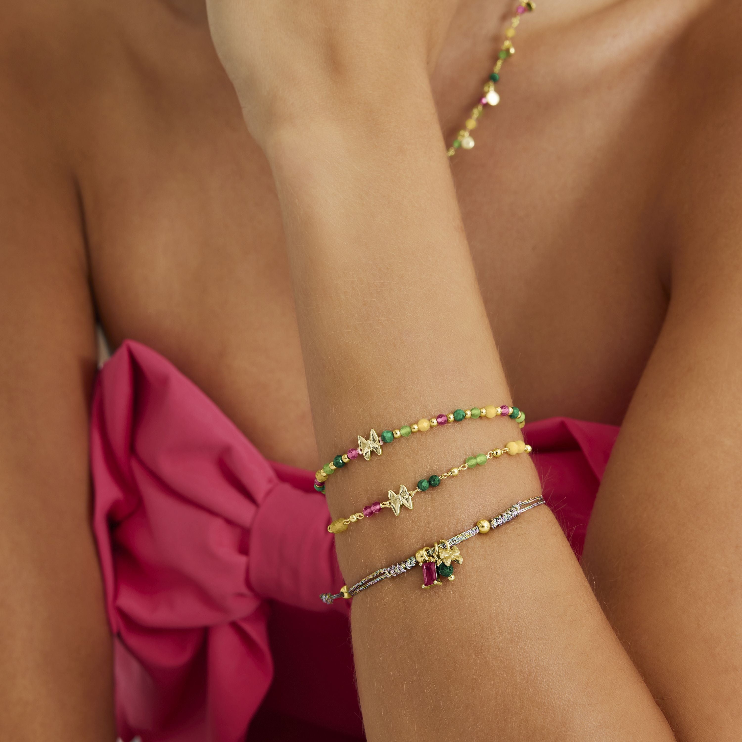 925 Sterling Silver Bracelet with Green Crystal finished in 18K Yellow Gold - Butterfly