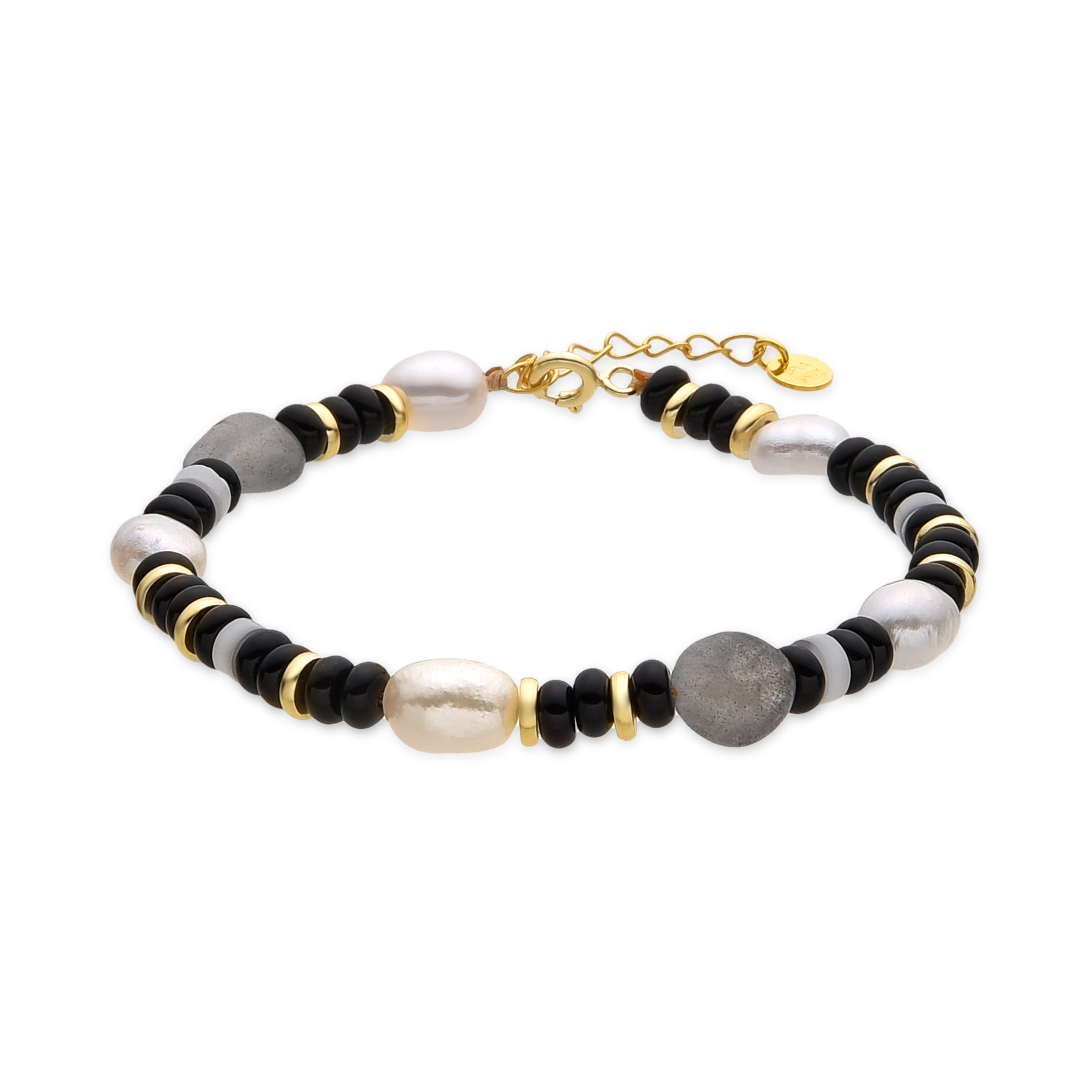 925 Sterling Silver and Onyx Bracelet with 18k Gold Finish - Nanys