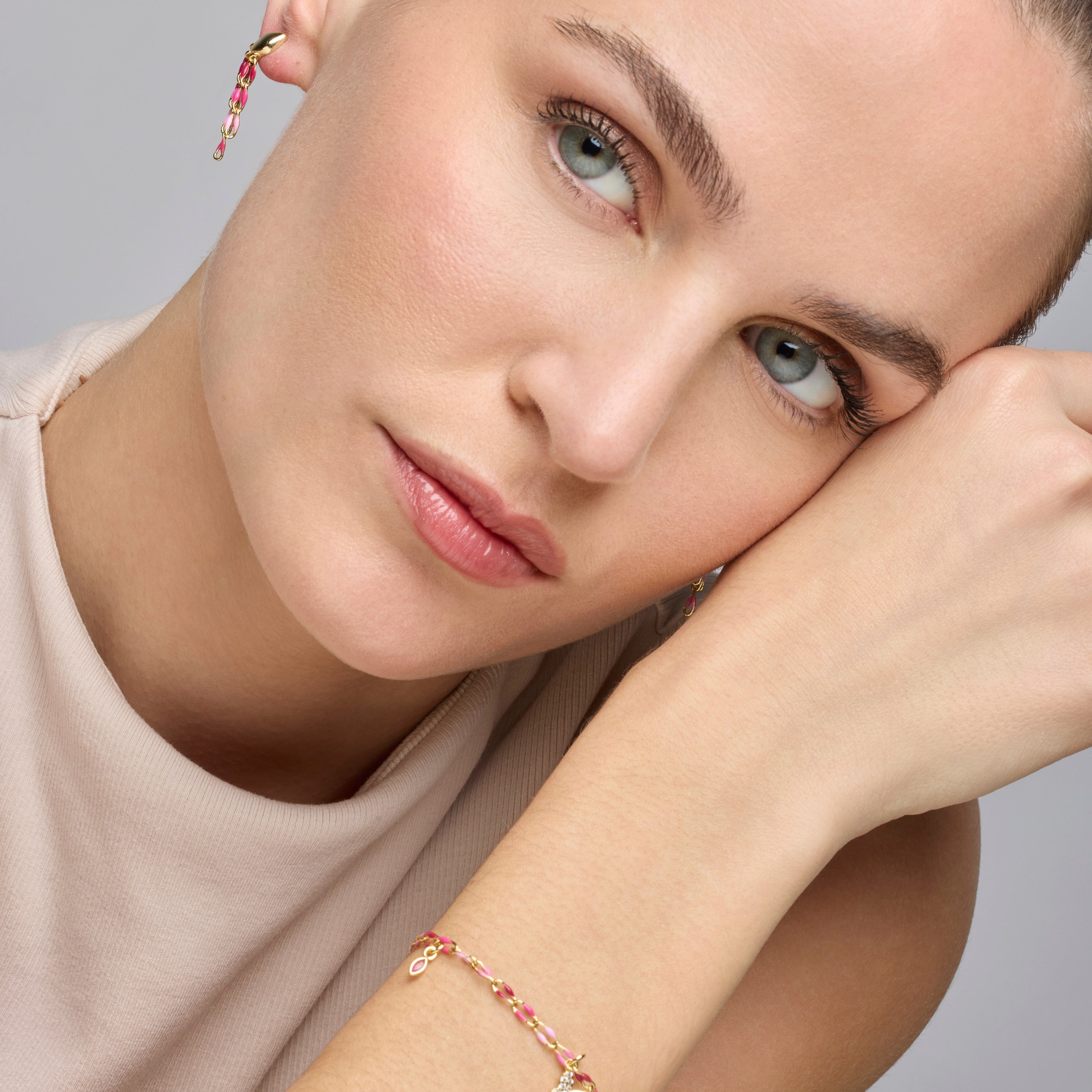 925 Sterling Silver and Pink Lacquer Bracelet with 18k Yellow Gold Finish - Axelon
