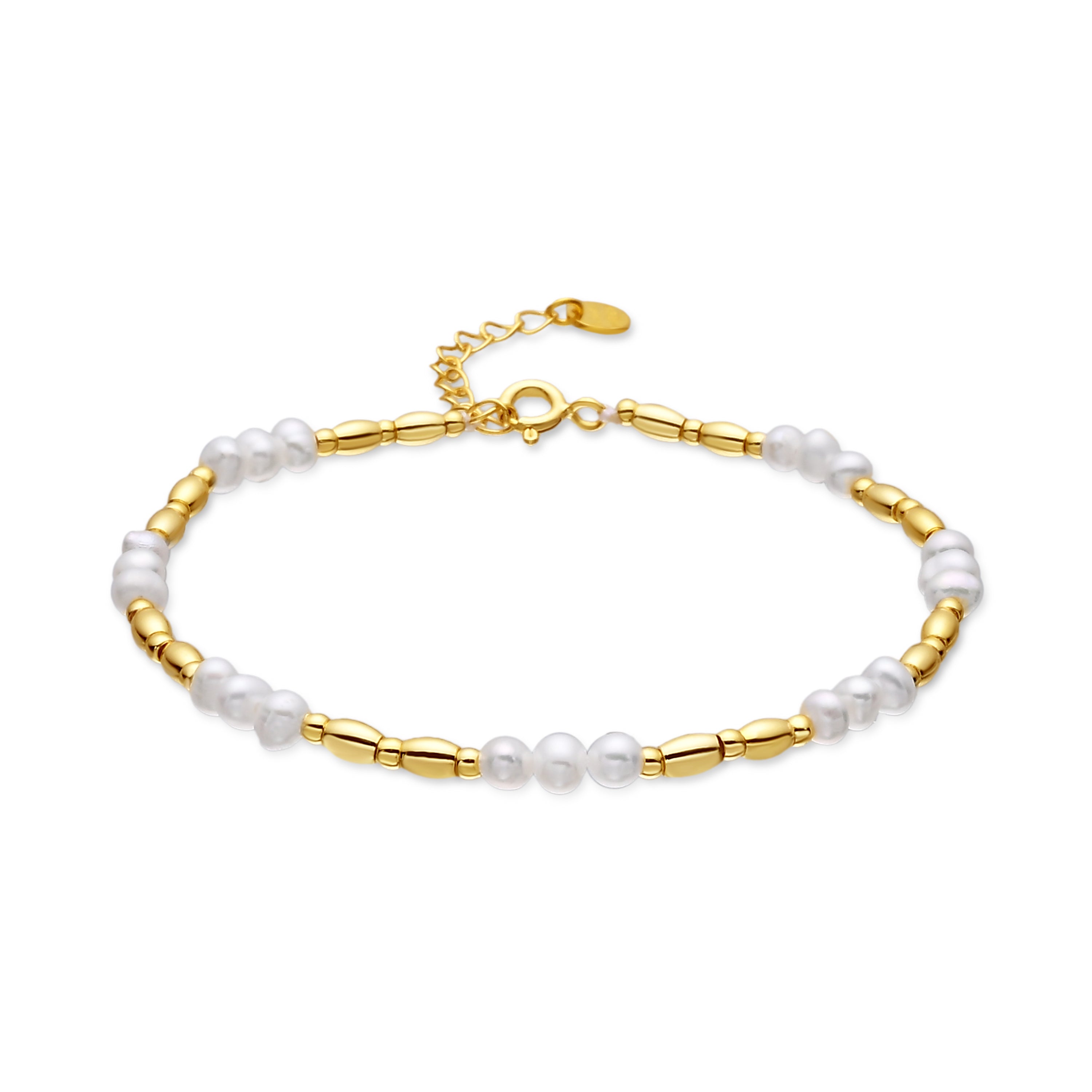 925 Sterling Silver and White Pearl Bracelet with 18k Yellow Gold Finish - Mefao