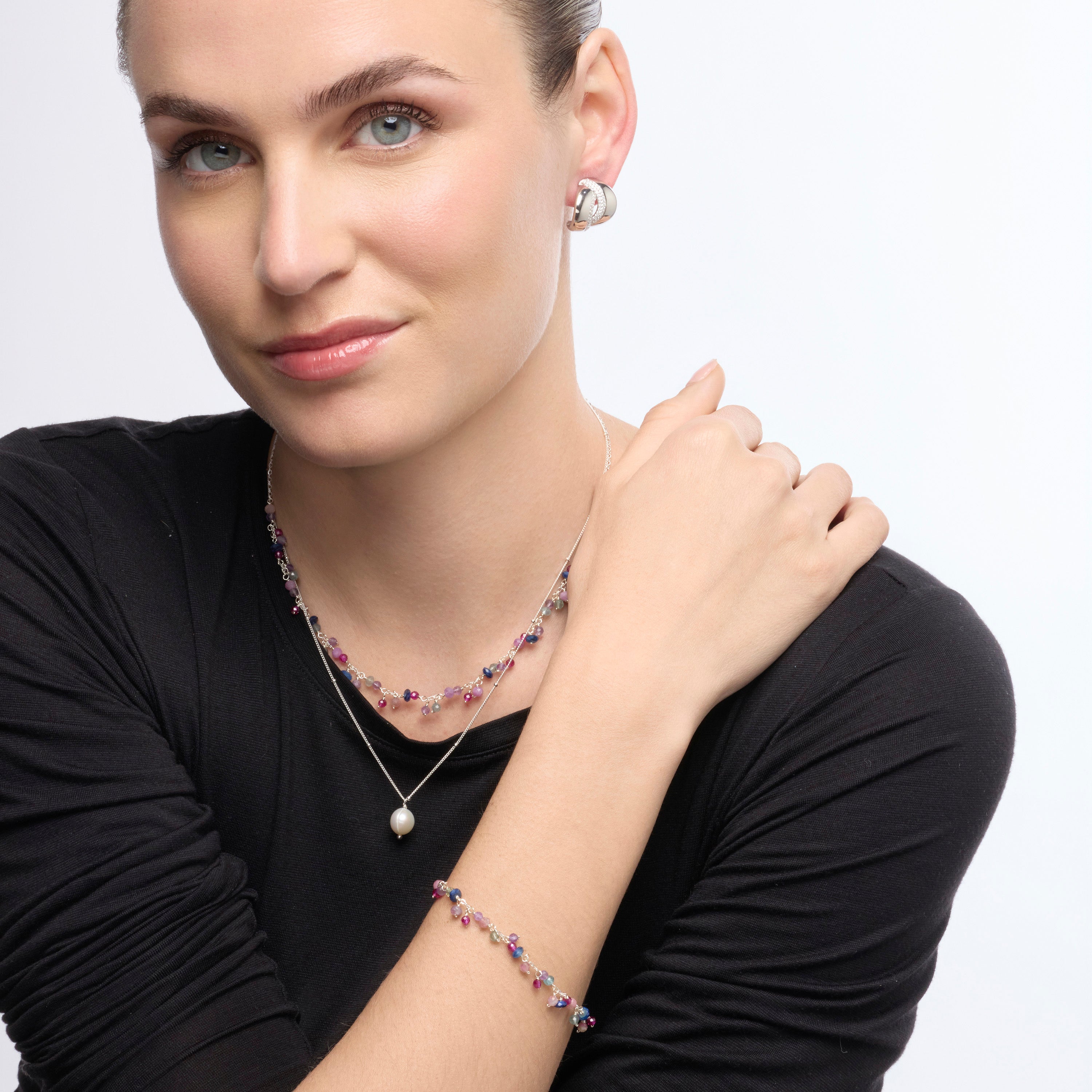 925 Sterling Silver and Pink Crystal Bracelet with Rhodium Finish - Colir