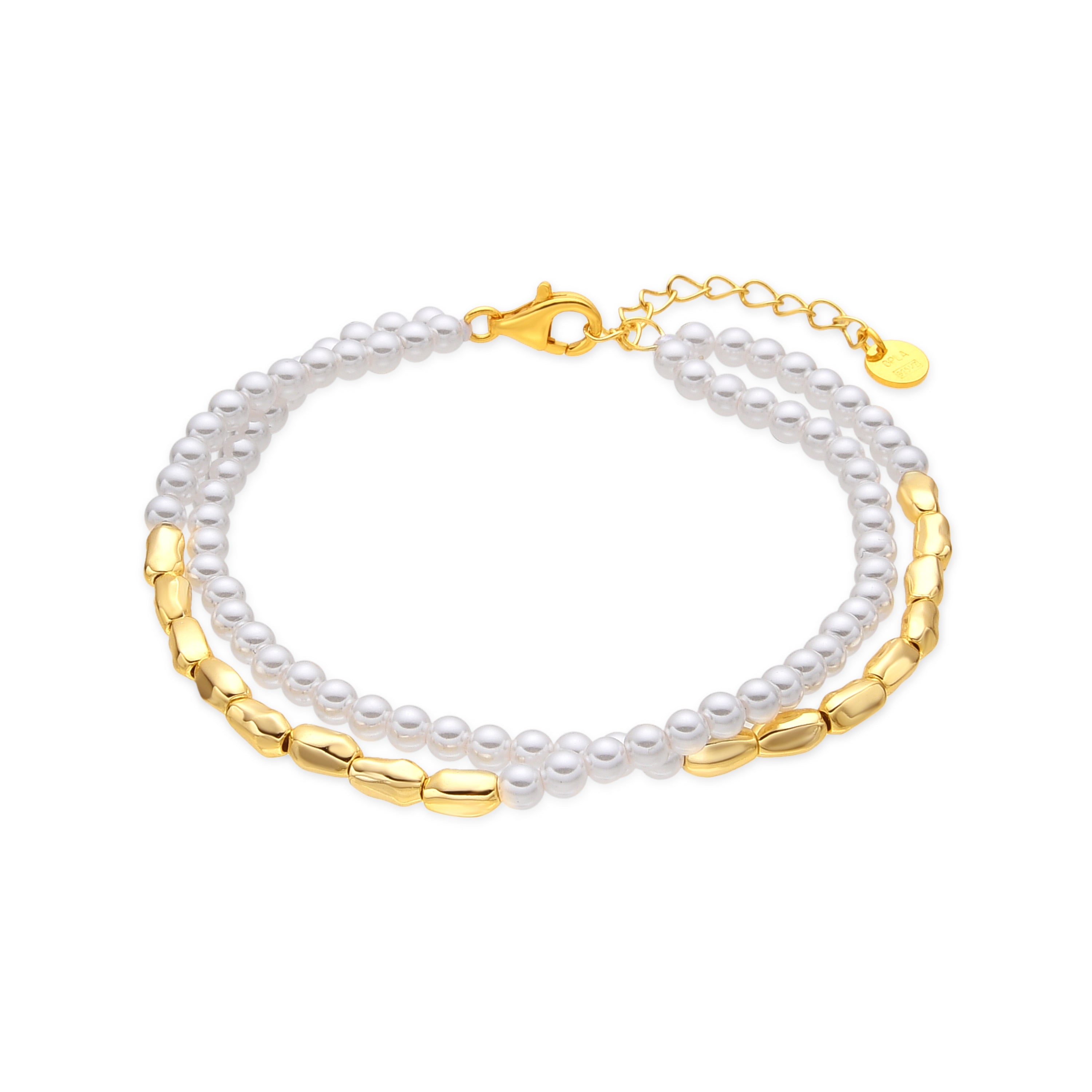 925 Sterling Silver and White Pearl Bracelet, 18k Yellow Gold Finish - Carini
