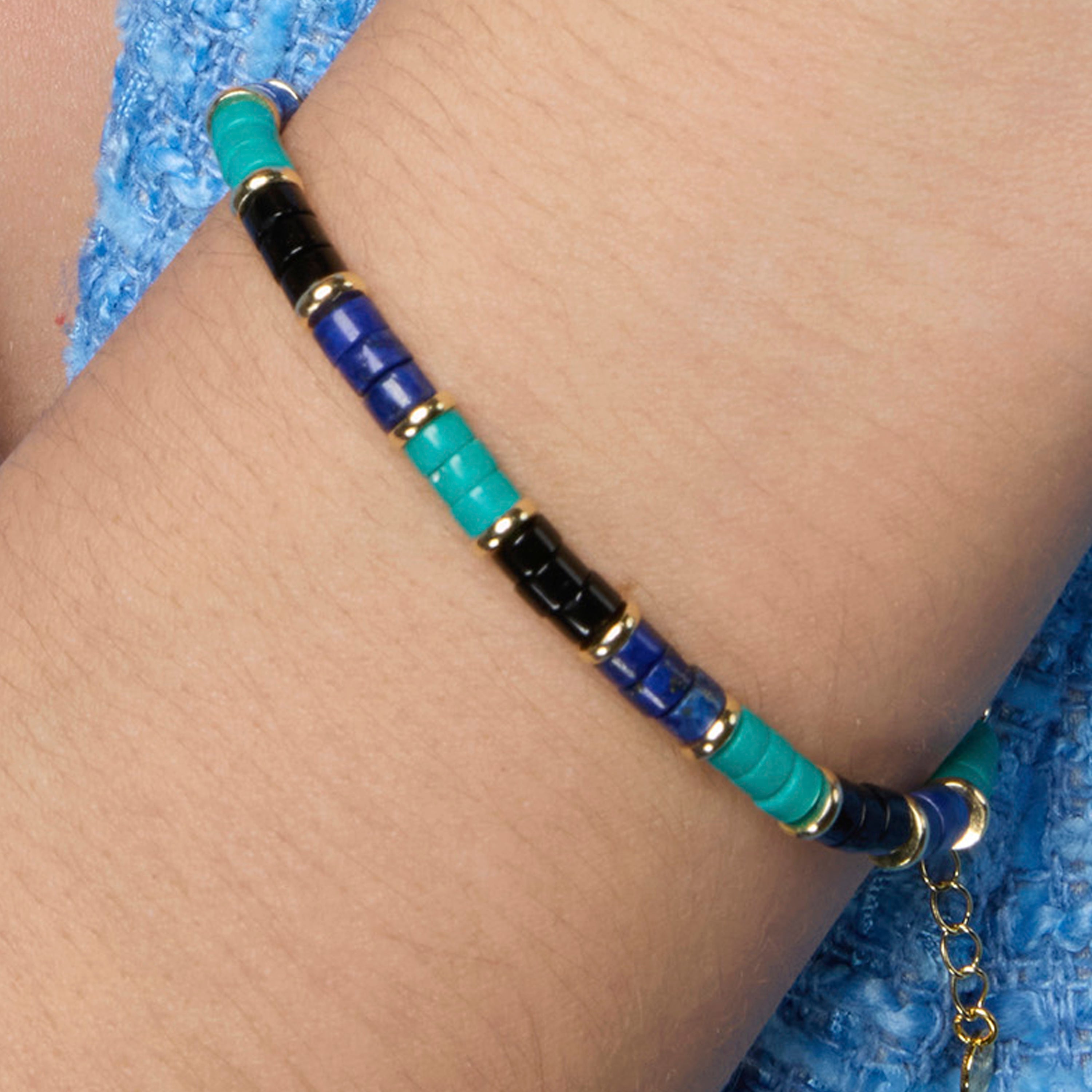 Pulseira em Prata de Lei 925 e Turquesa com acabamento em ouro amarelo 18k - Bathim