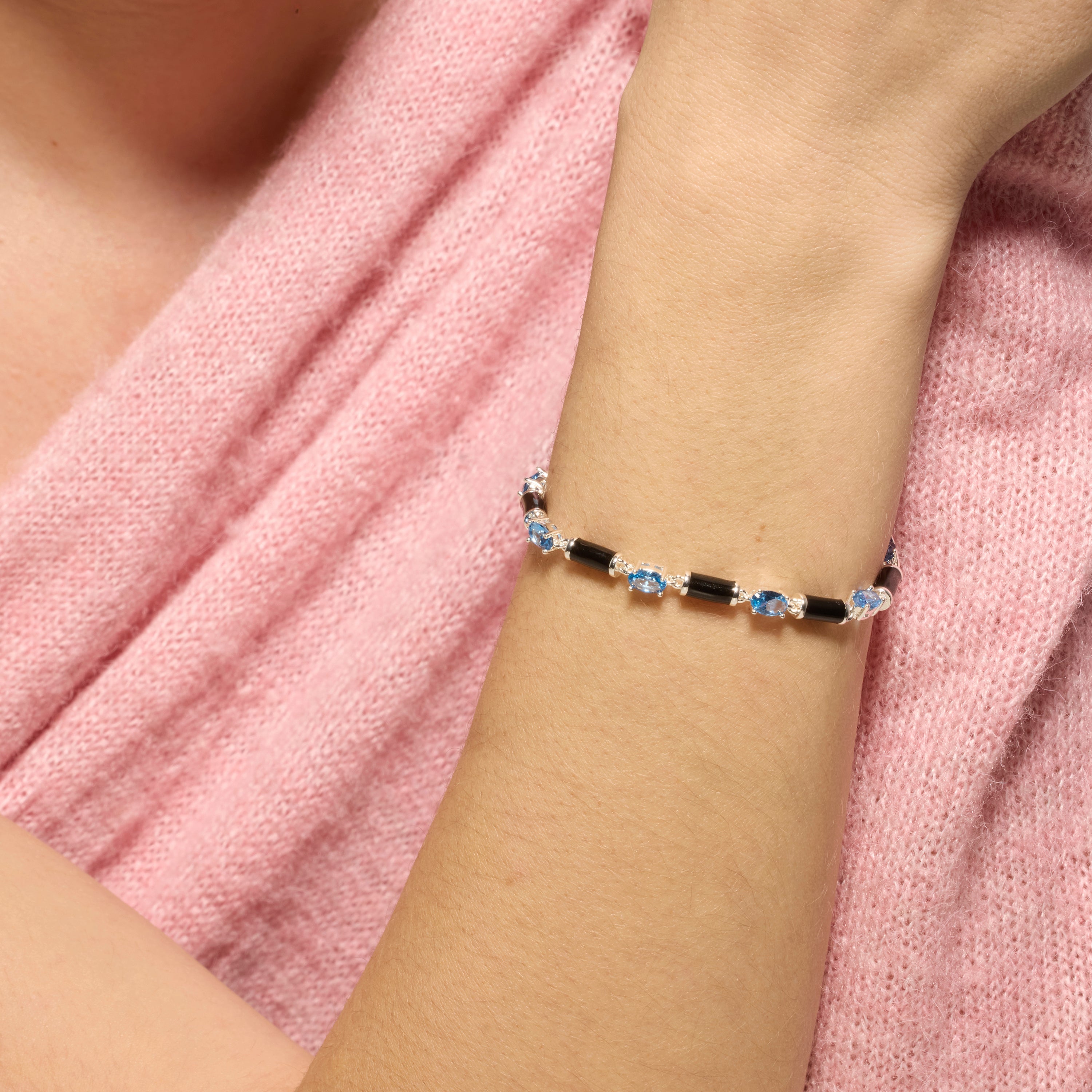 Pulseira de Prata de Lei 925 e Zircônia Topázio Azul com acabamento em ródio - Tatuí