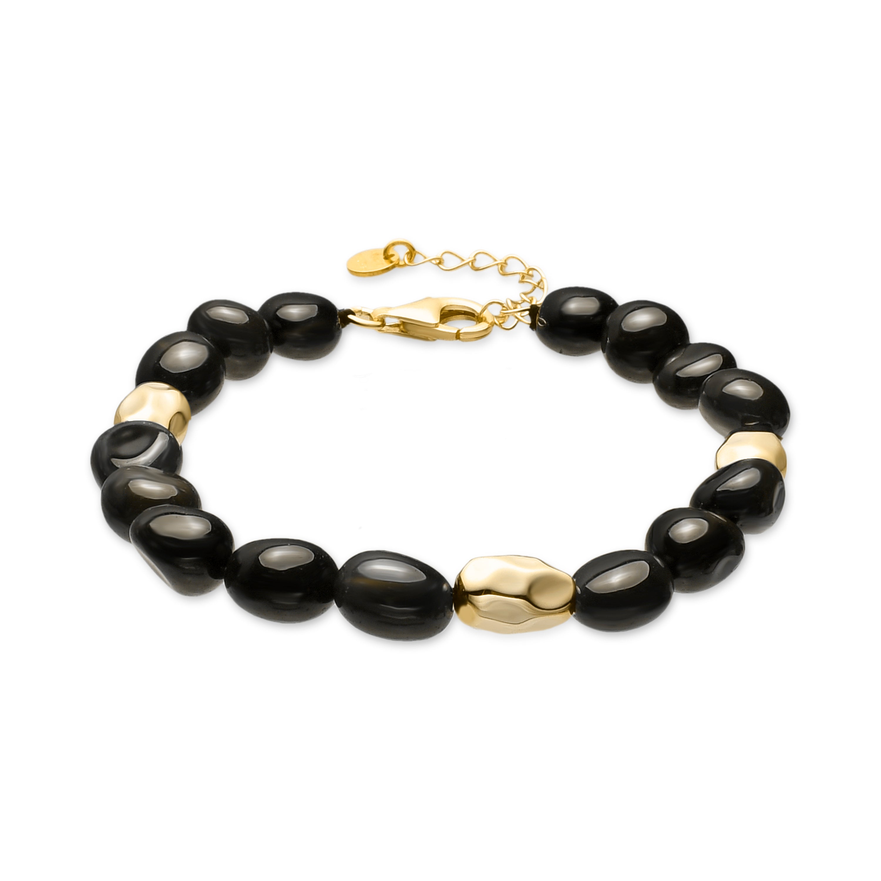 925 Sterling Silver and Black Agate Bracelet with 18k Yellow Gold Finish - Melga