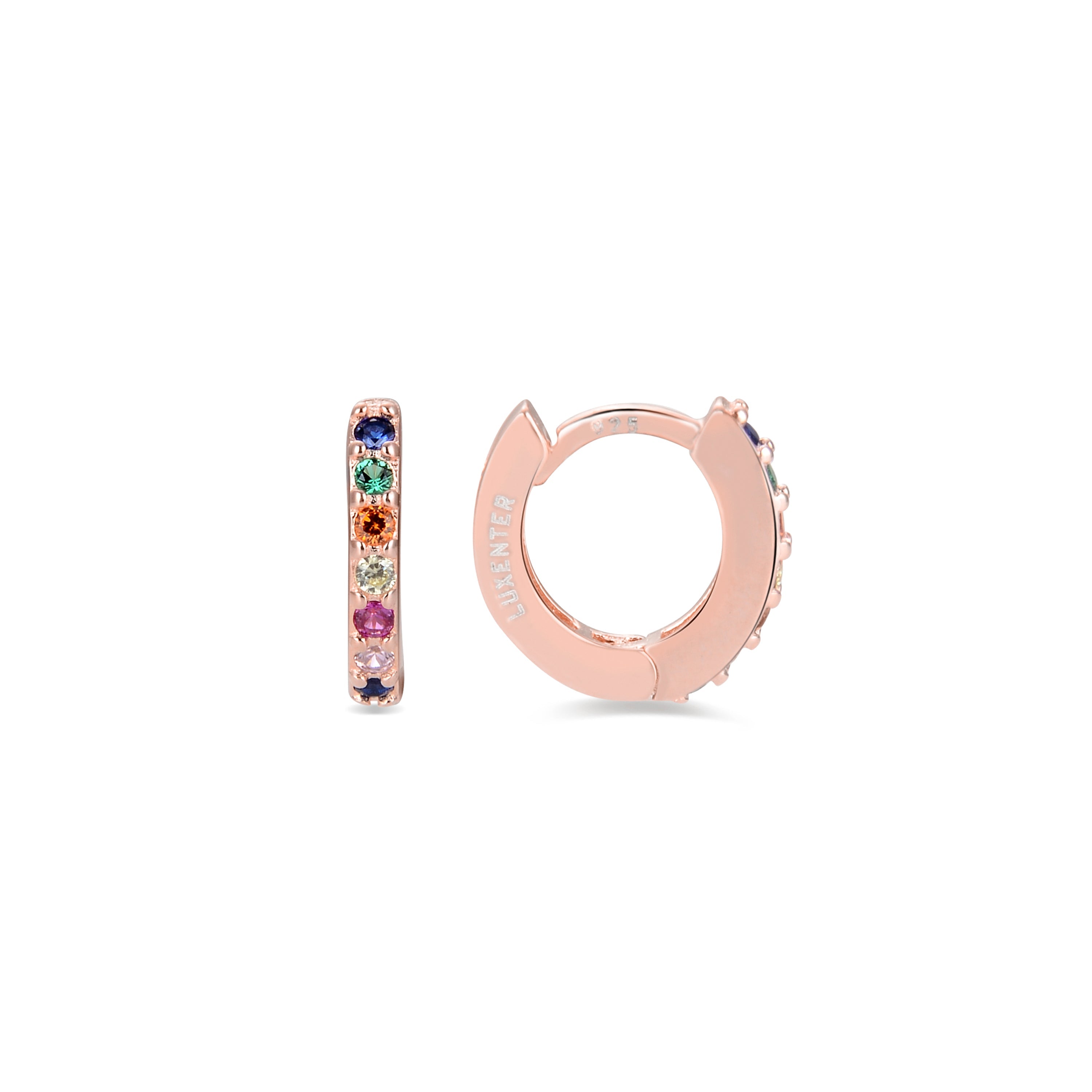 18K Rose Gold Plated 925 Sterling Silver 7mm Multicolored Cubic Zirconia Stud Earrings - Leofcar