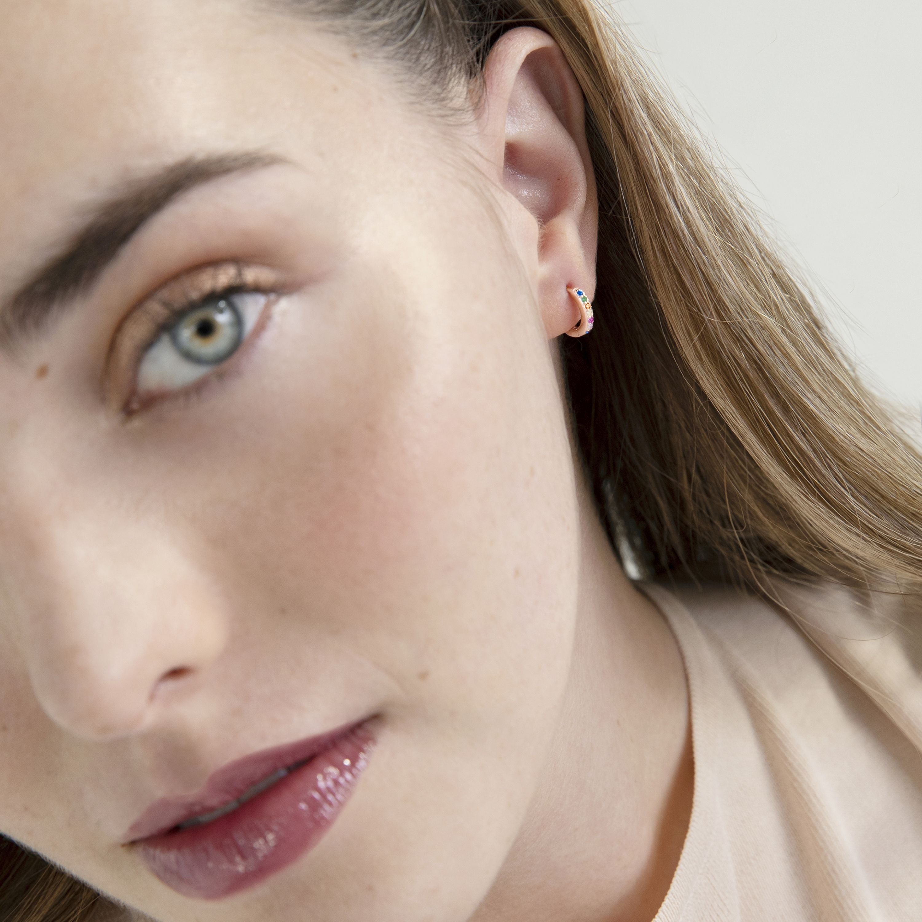 18K Rose Gold Plated 925 Sterling Silver 7mm Multicolored Cubic Zirconia Stud Earrings - Leofcar