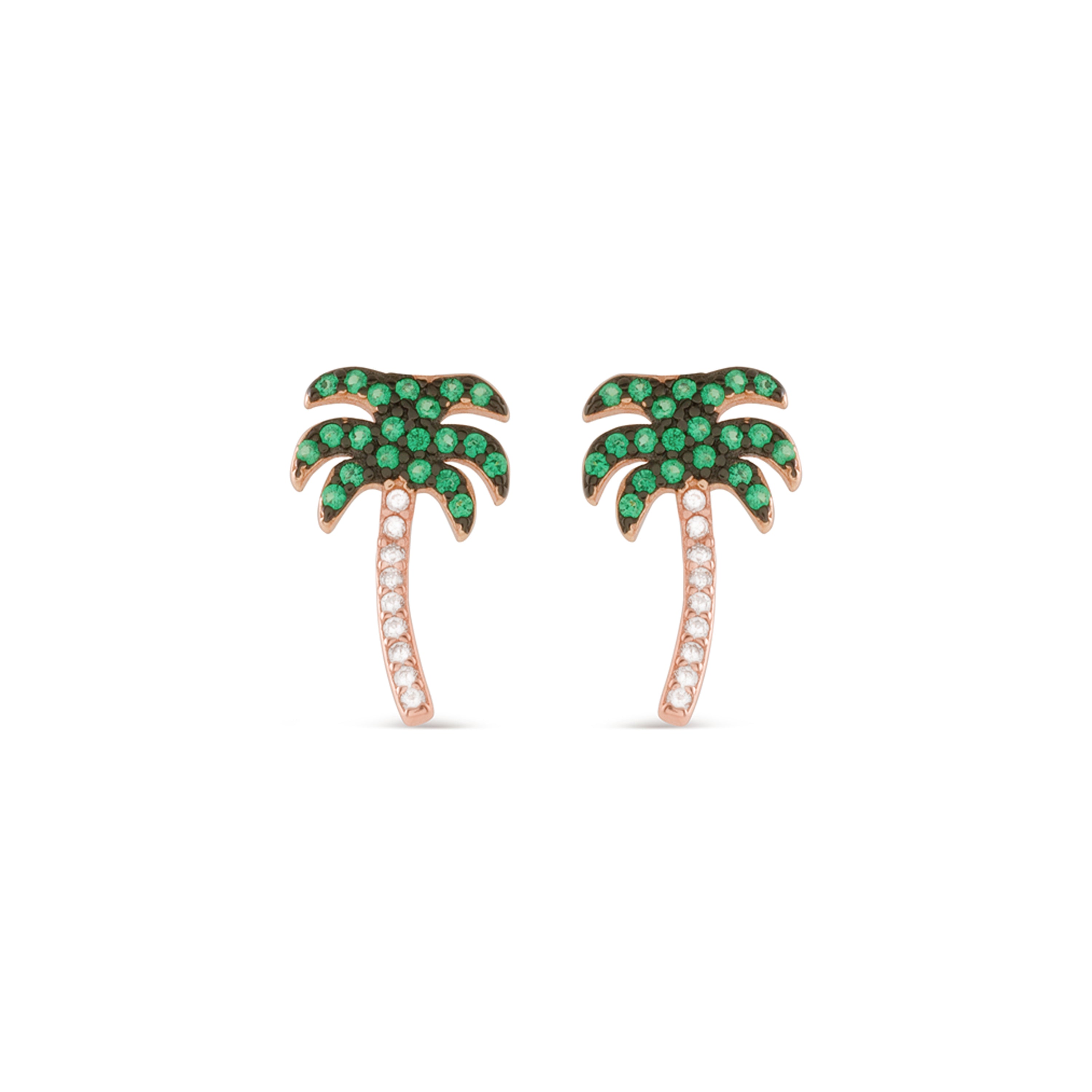 Pendientes de Plata de Ley 925 con Circonita Esmeralda acabados en oro rosa 18K - Palmera