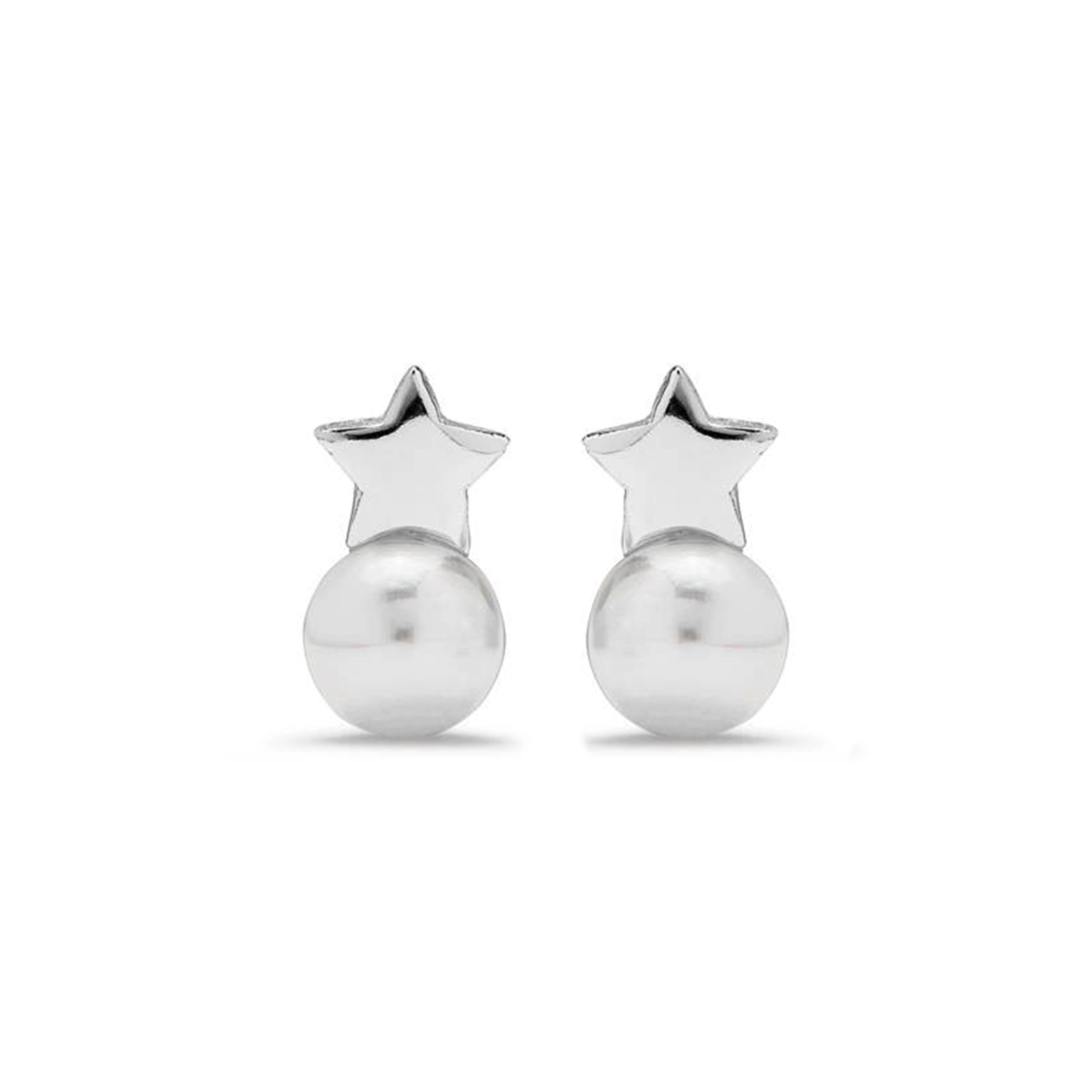 925 Sterling Silver Earrings with White Pearl, Rhodium Finish - Grimbei