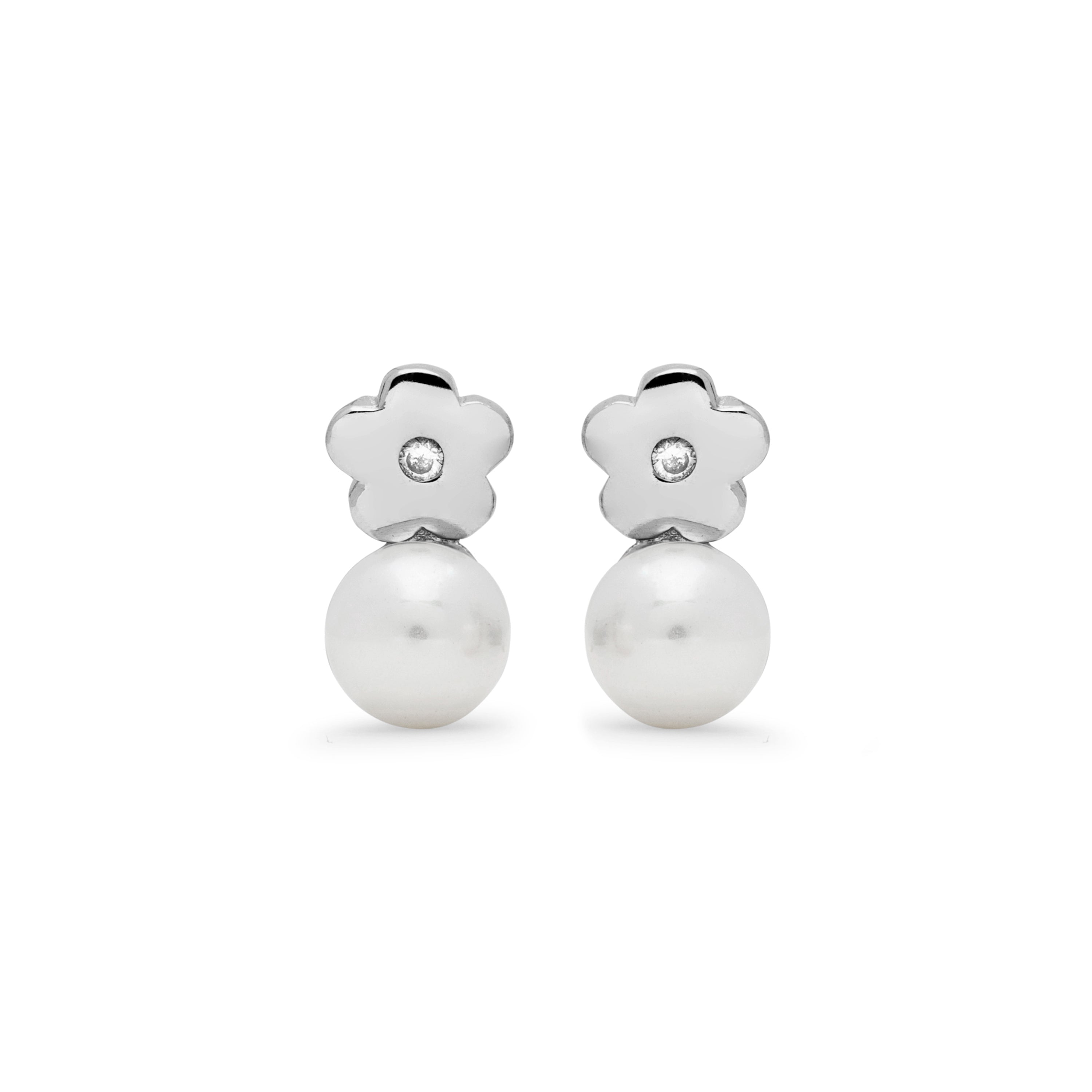 925 Sterling Silver Earrings with White Pearl, Rhodium Finish - Zuga