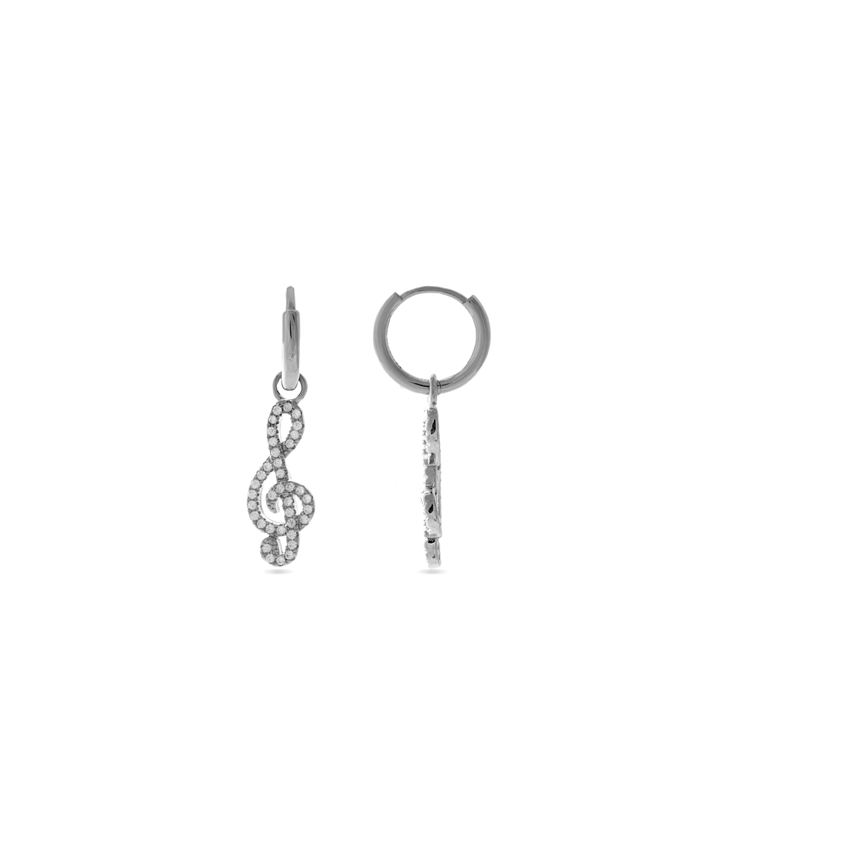 925 Sterling Silver Earrings with Rhodium-Plated Brilliant Zirconia - Treble Clef