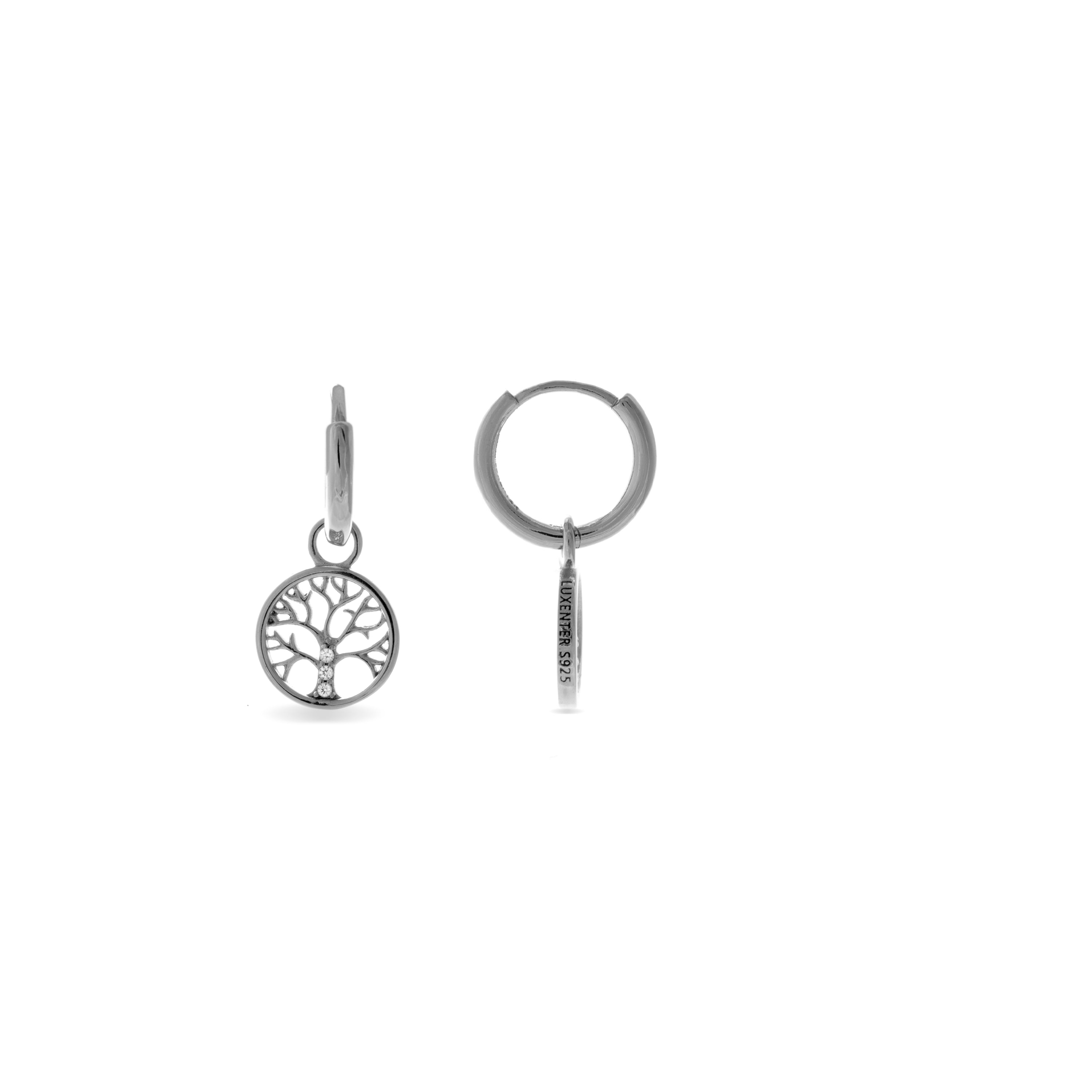 925 Sterling Silver Earrings with Rhodium-Plated Brilliant Zirconia - Tree of Life