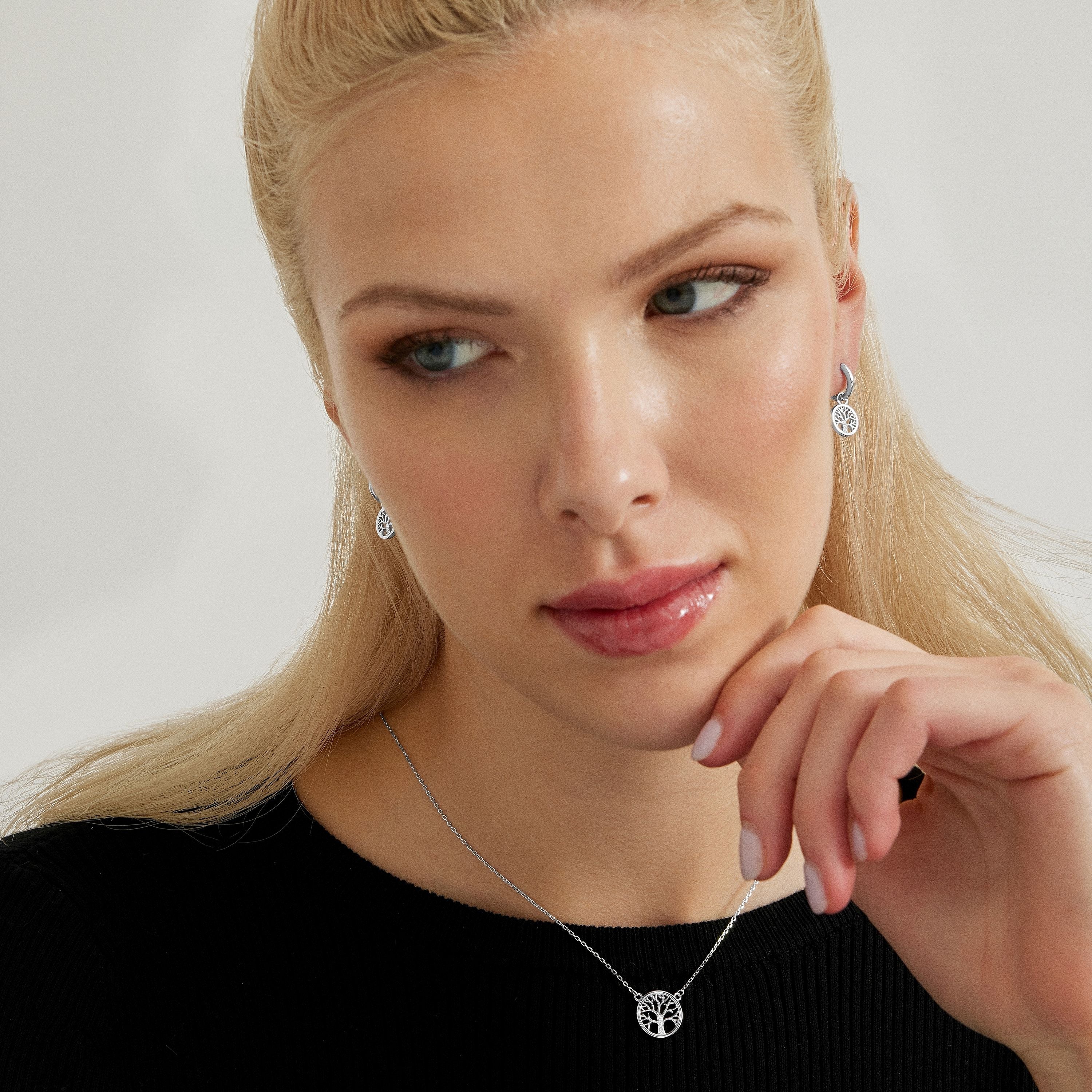 925 Sterling Silver Earrings with Rhodium-Plated Brilliant Zirconia - Tree of Life
