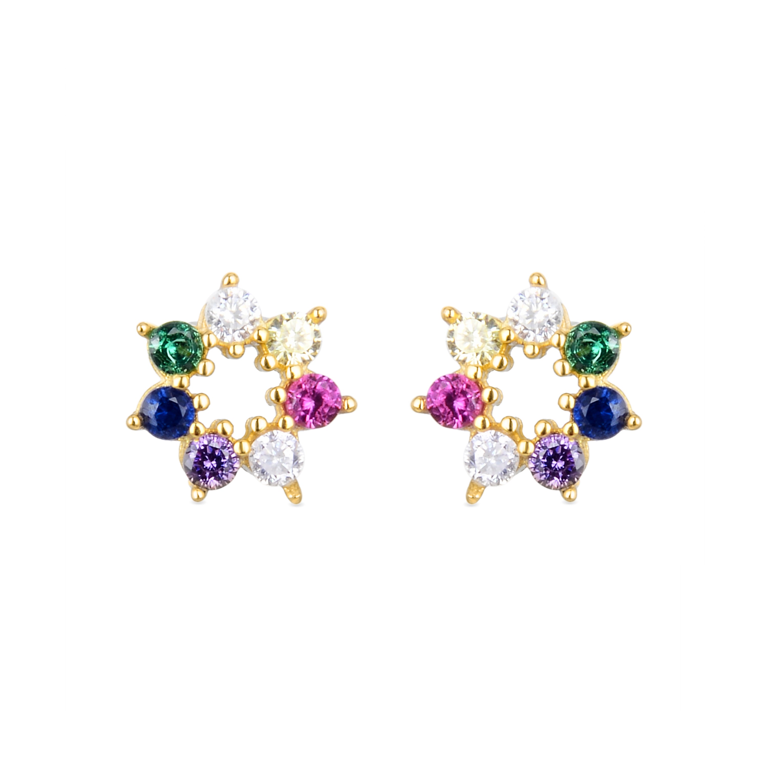 925 Sterling Silver Earrings with Multicolor Zirconia Finished in 18K Yellow Gold - Sywa