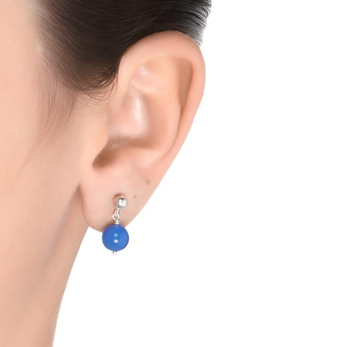925 Sterling Silver Earrings with Dark Blue Agate, Rhodium Finish - Kenitna
