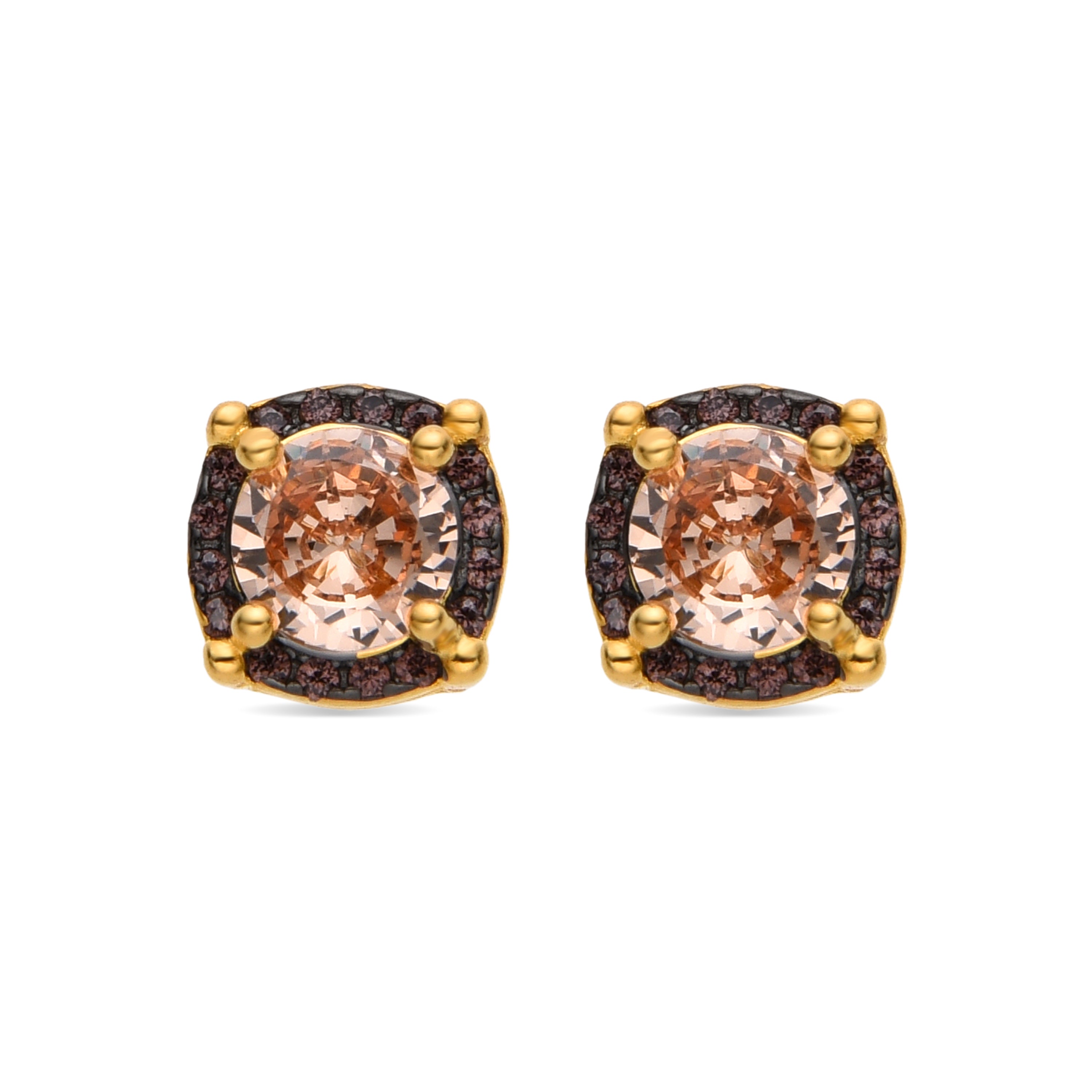 925 Sterling Silver and Brown Zirconia Earrings with 18k Gold Finish - Lehak