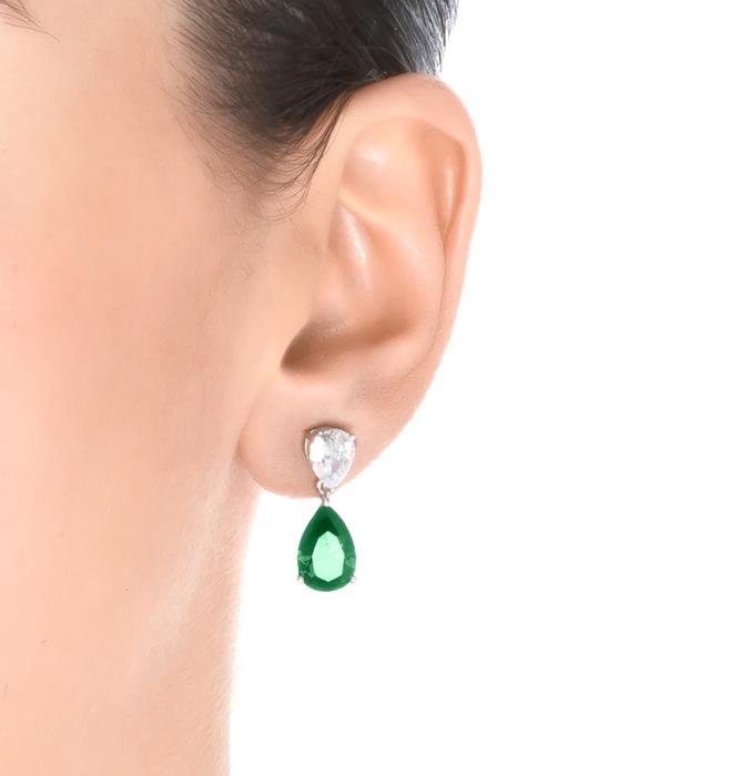 925 Sterling Silver Earrings with Emerald Zirconia, Rhodium Finish - Chenwa