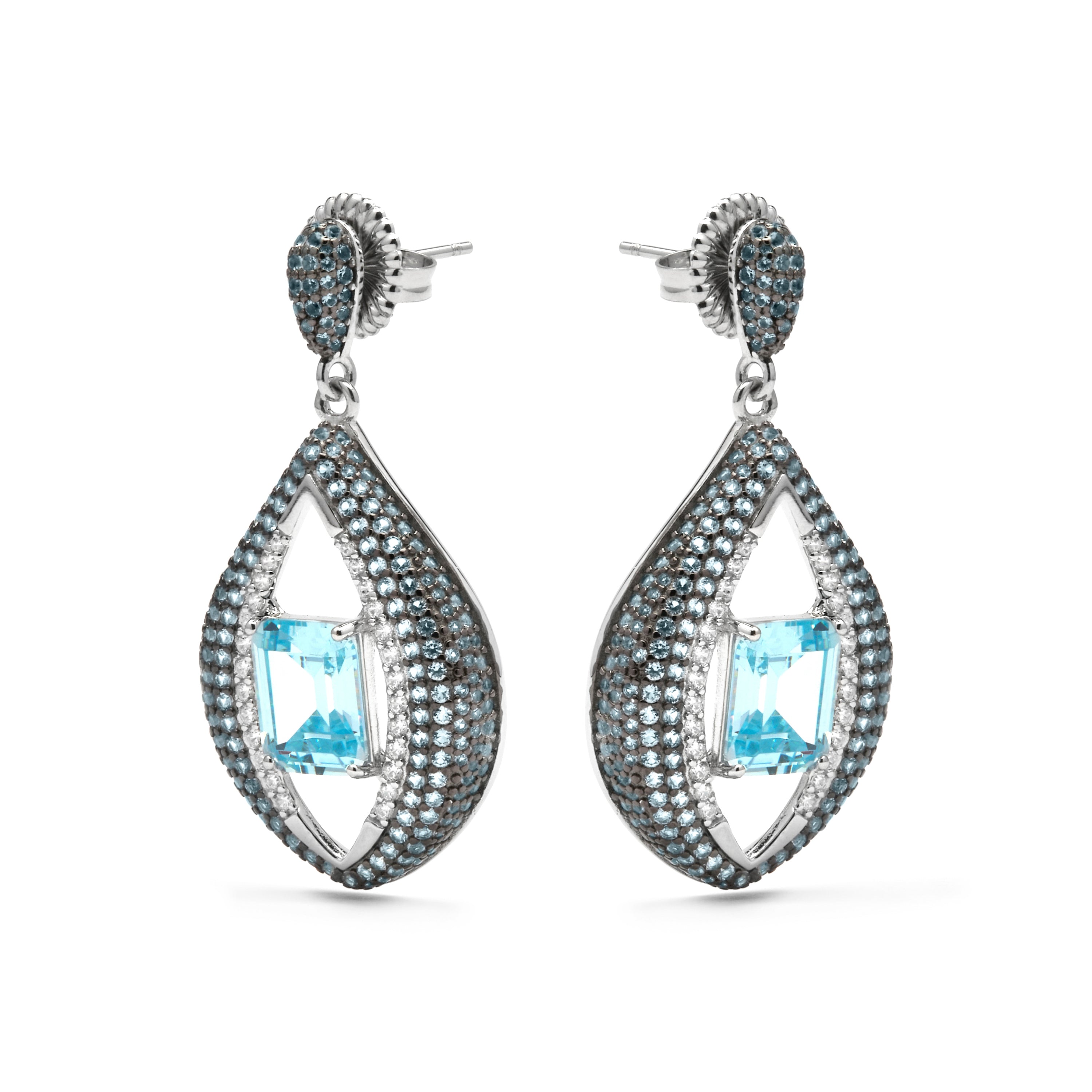 925 Sterling Silver and Aquamarine Zirconia Earrings, Rhodium Finish - Nyasain