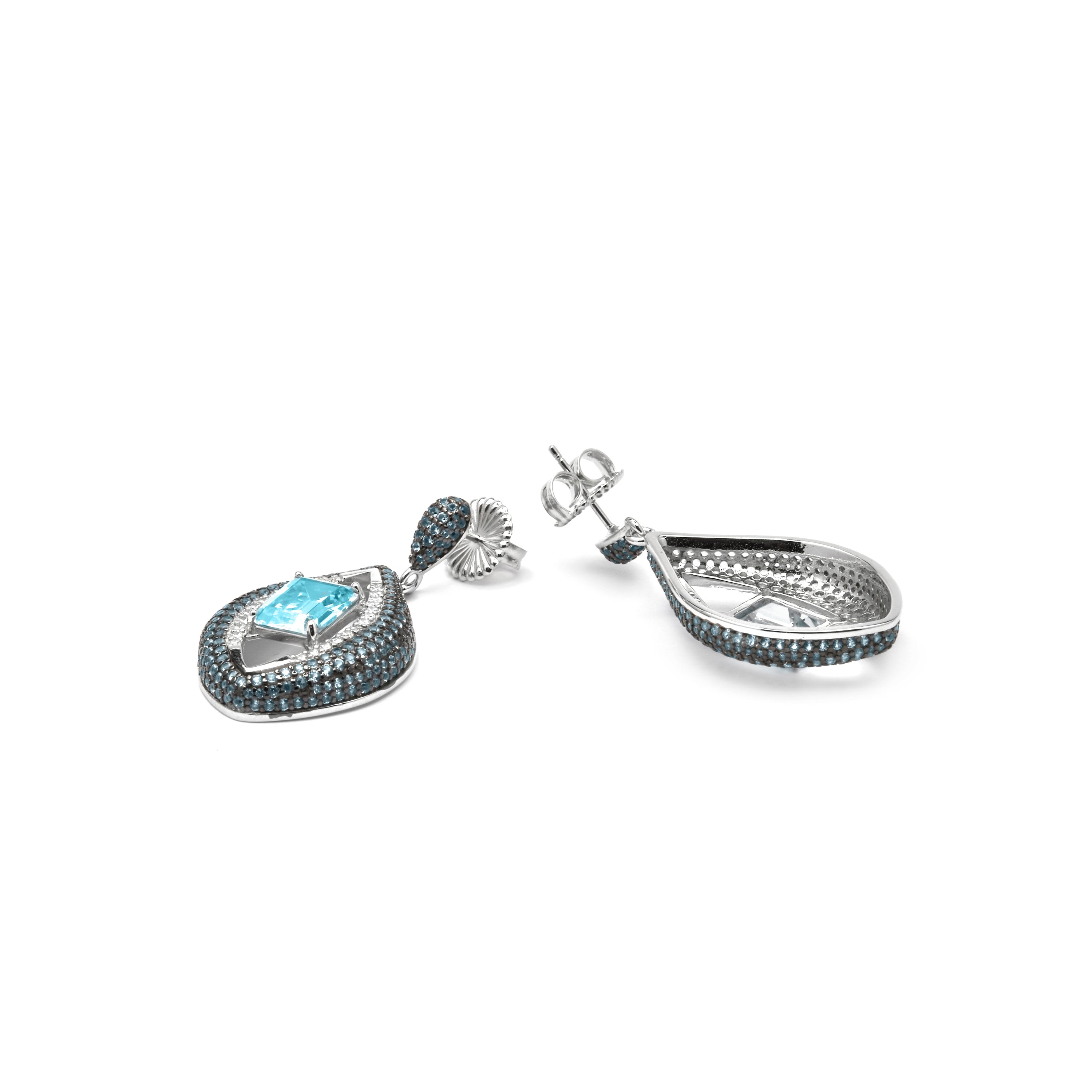 925 Sterling Silver and Aquamarine Zirconia Earrings, Rhodium Finish - Nyasain