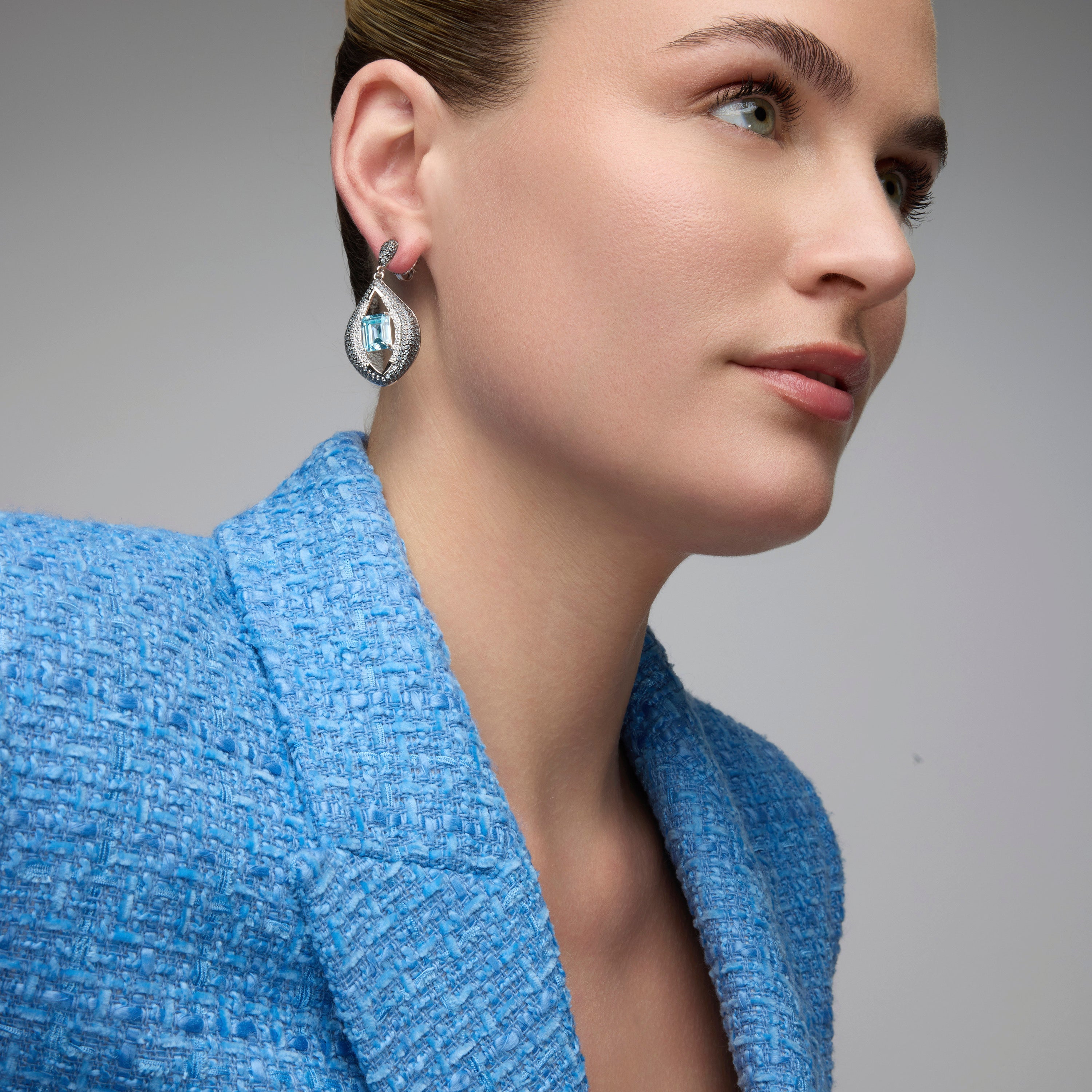 925 Sterling Silver and Aquamarine Zirconia Earrings, Rhodium Finish - Nyasain