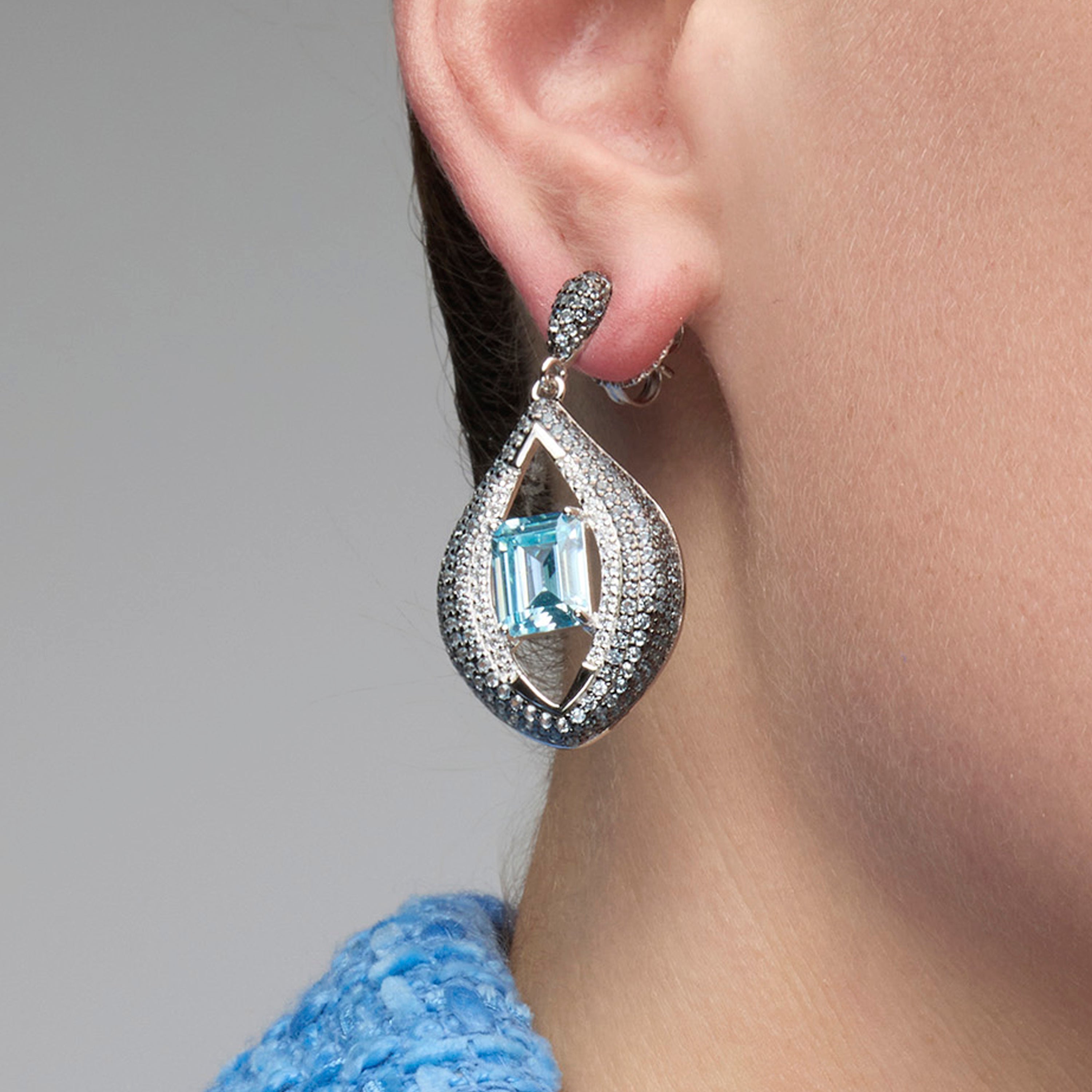 925 Sterling Silver and Aquamarine Zirconia Earrings, Rhodium Finish - Nyasain