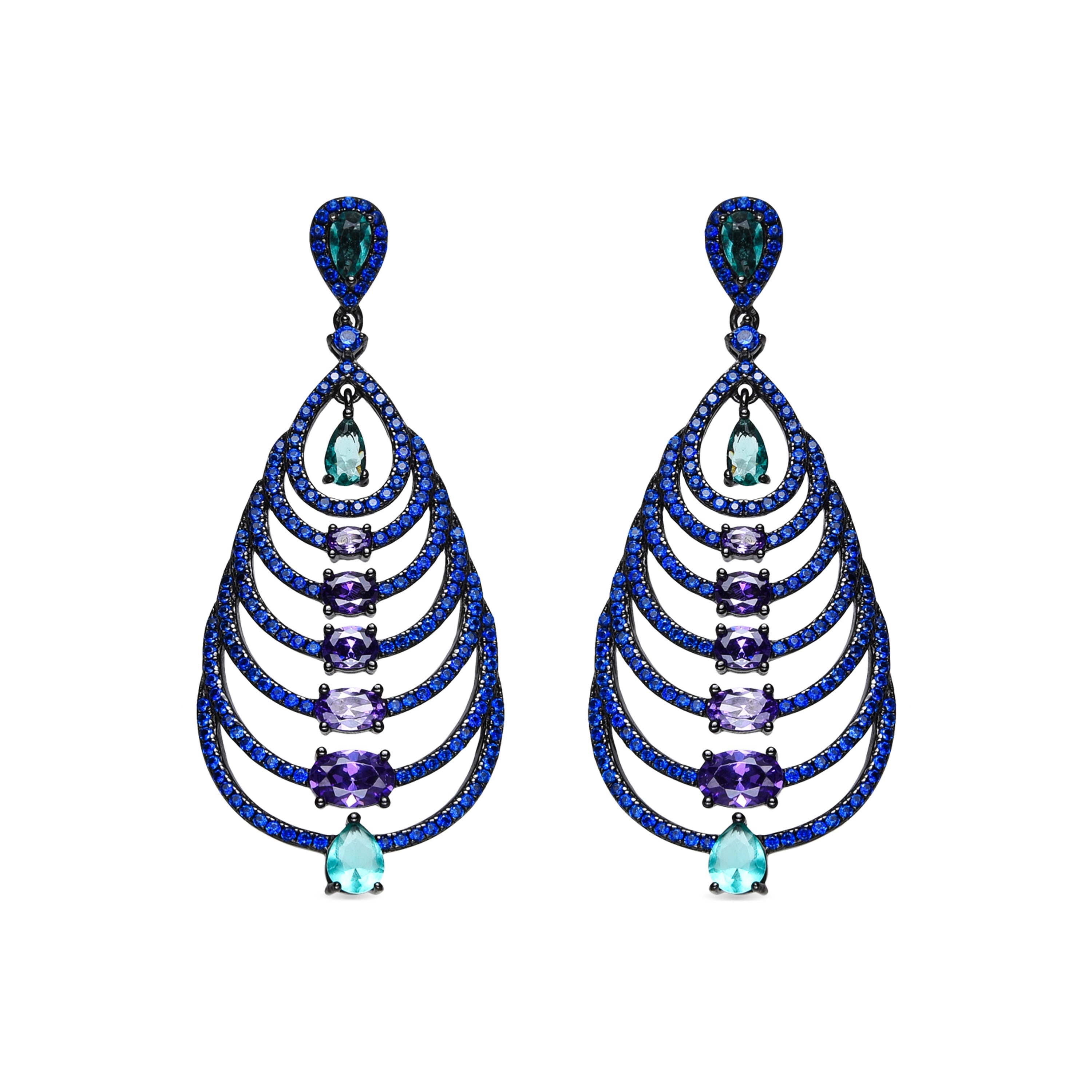 925 Sterling Silver and Multicolor Zirconia Earrings with Black Ruthenium Finish - Esman