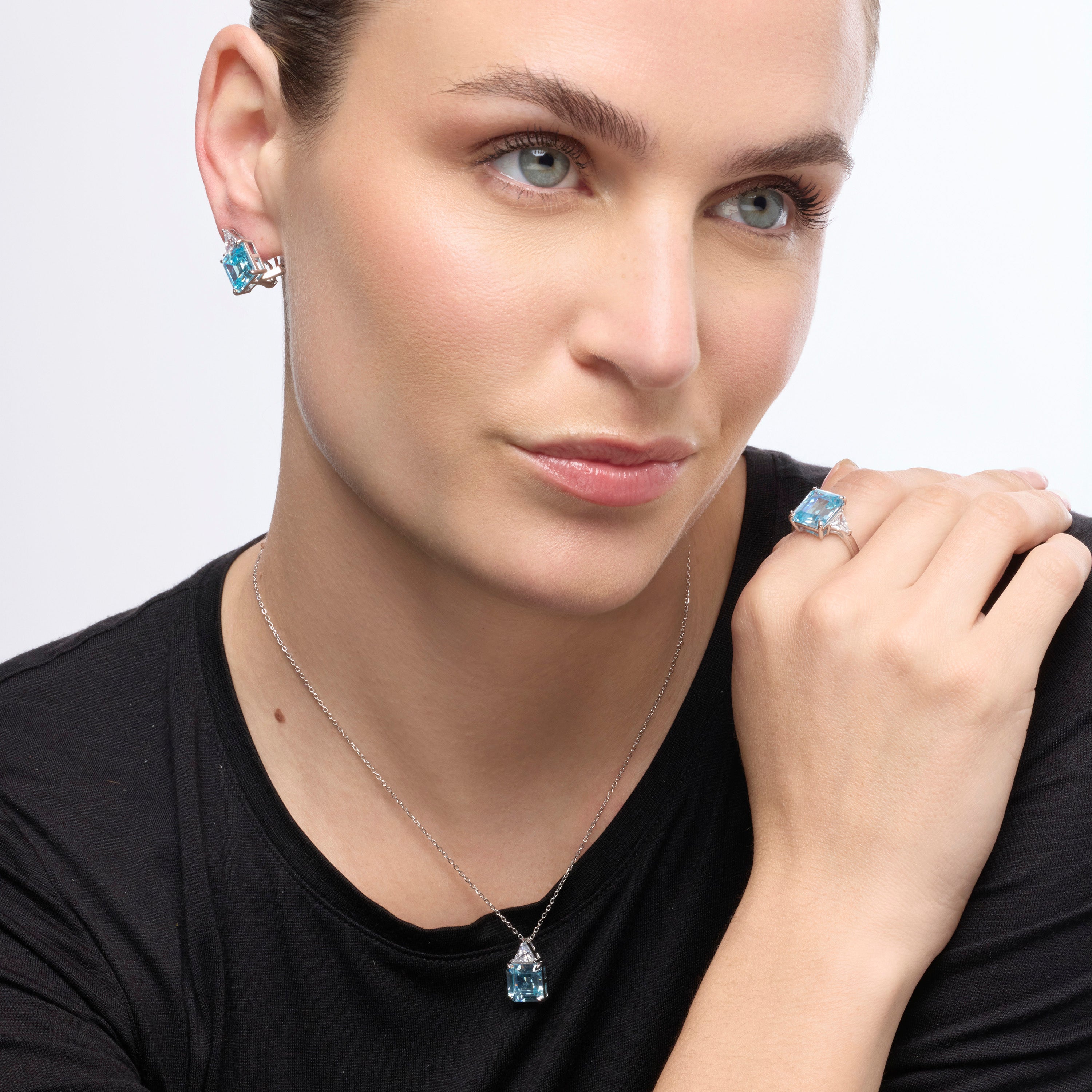 925 Sterling Silver and Aquamarine Hydrothermal Quartz Earrings with Rhodium Finish - Rukna