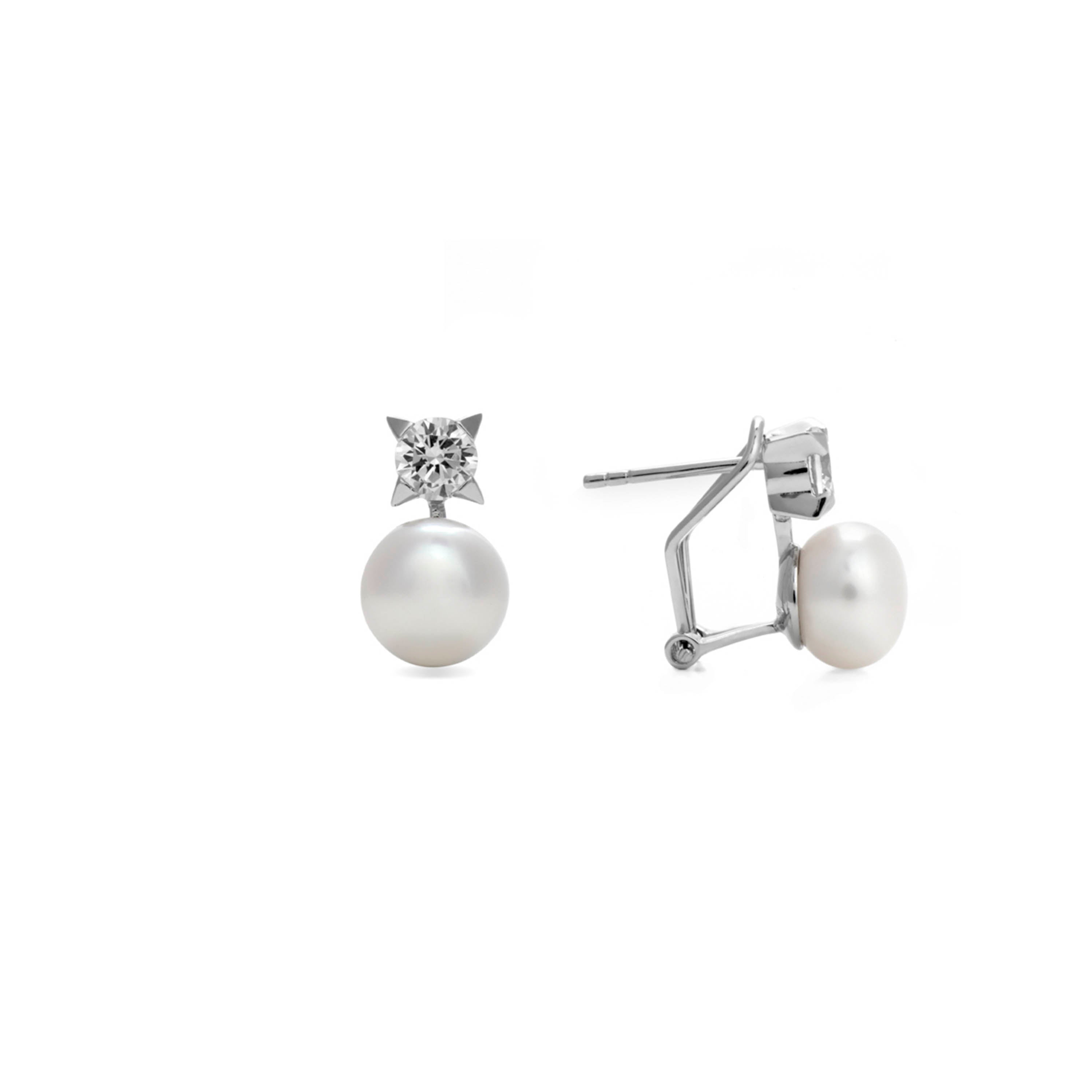 925 Sterling Silver Earrings with White Pearl, Rhodium Finish - Essential
