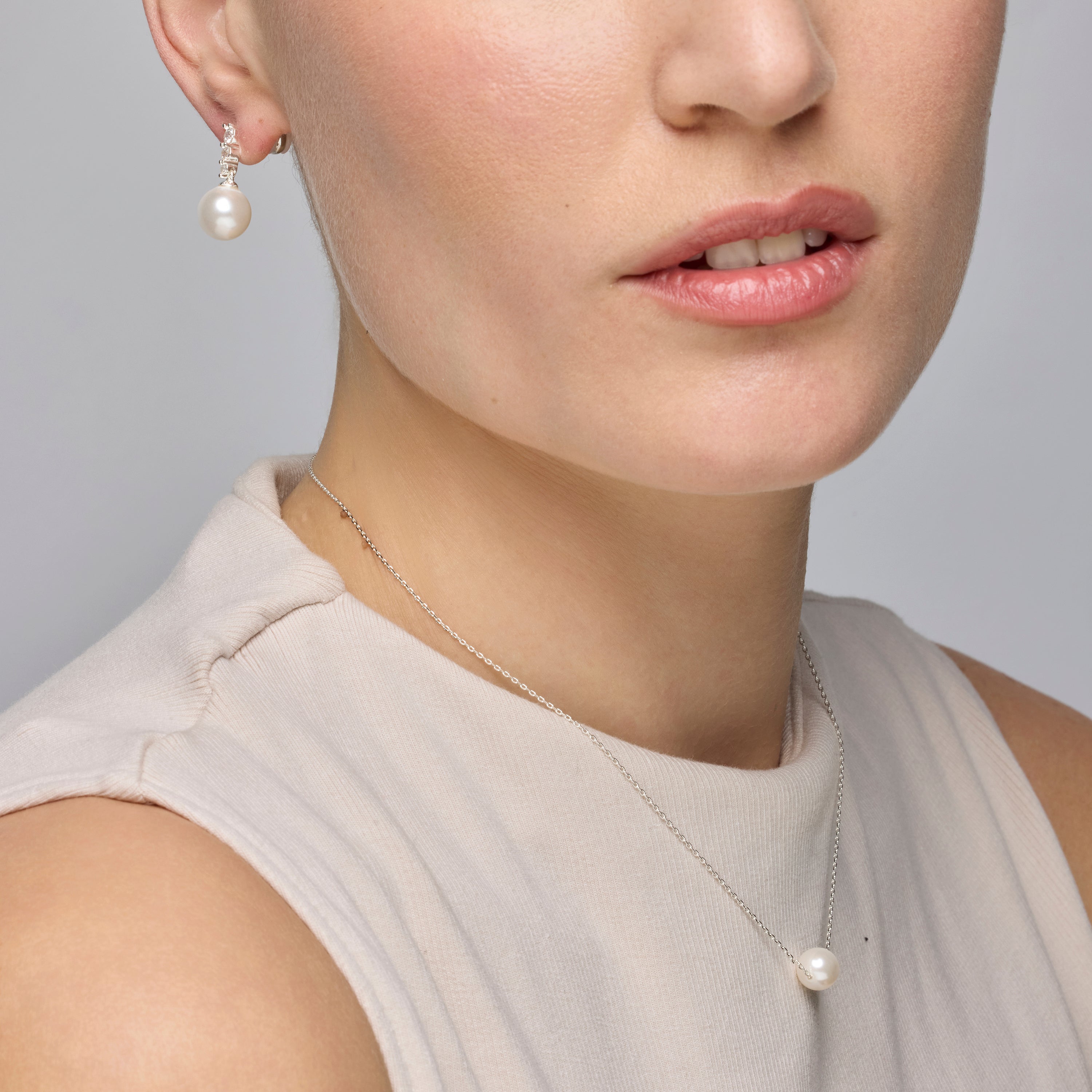 925 Sterling Silver Earrings with White Pearl, Rhodium Finish - Essential