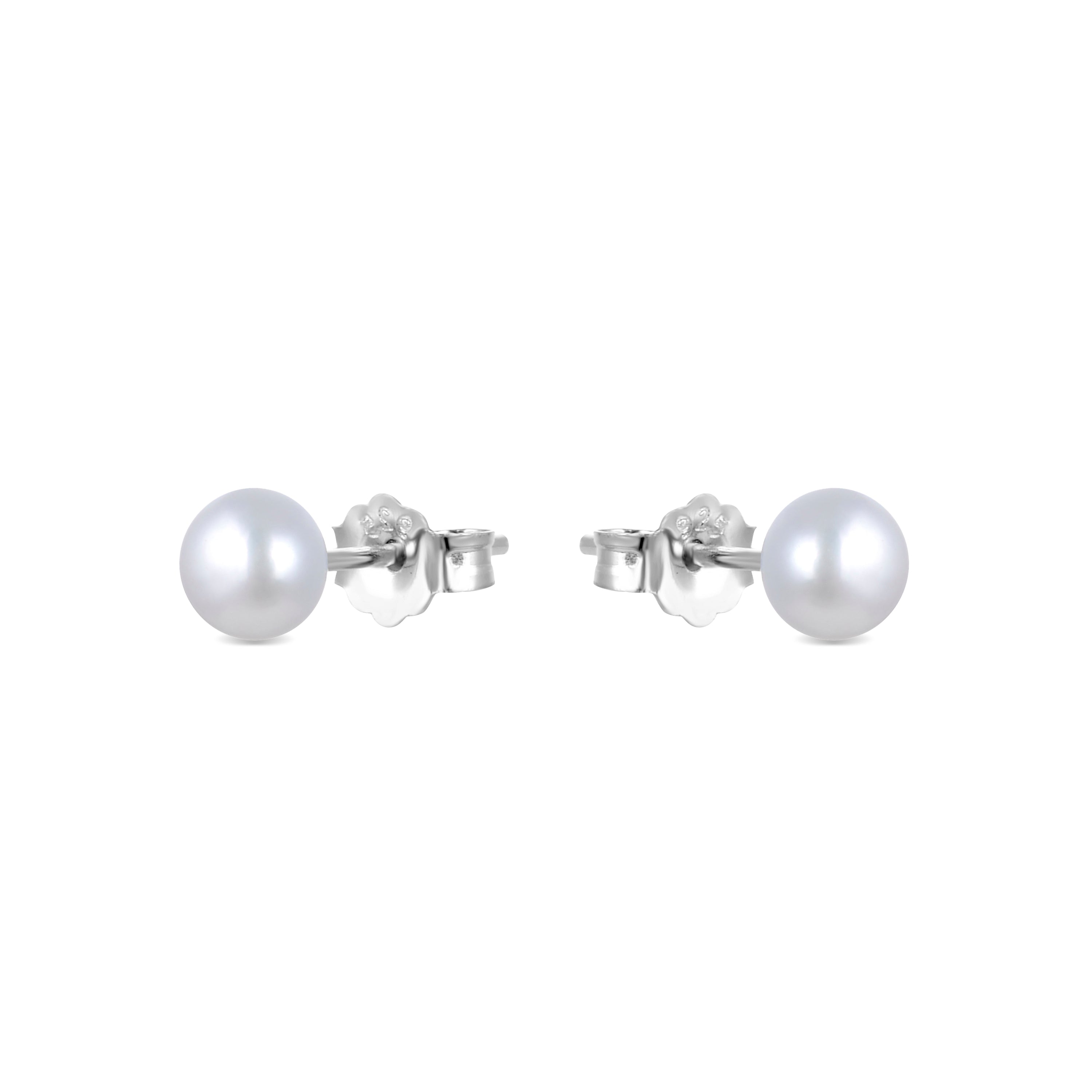 6mm 925 Sterling Silver Stud Earrings with White Pearl, rhodium plated - Basic