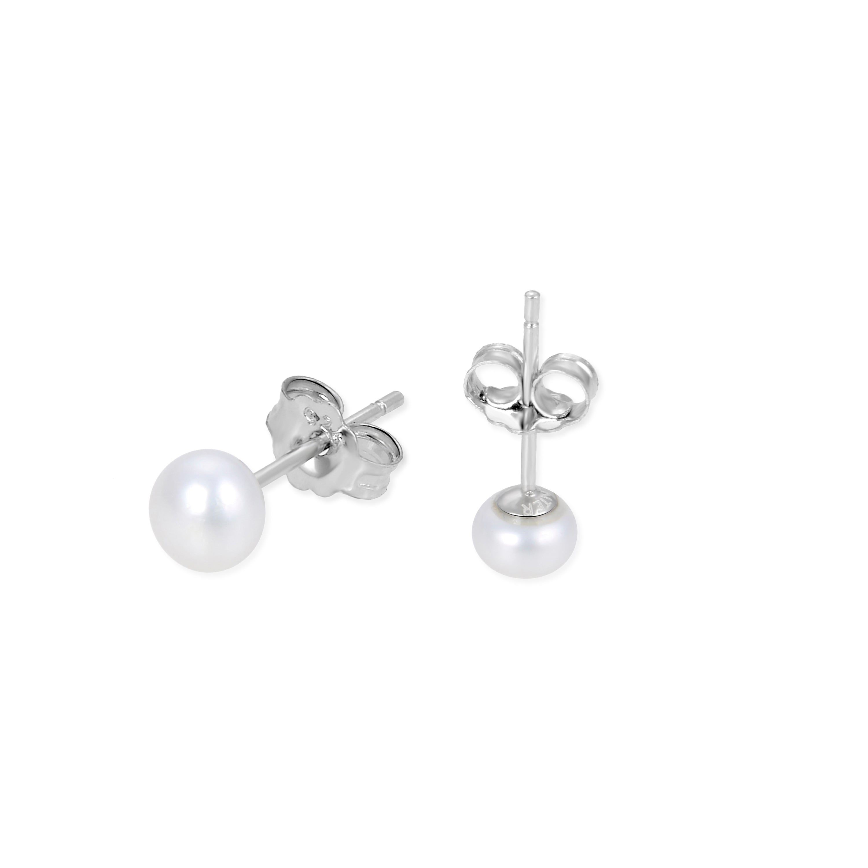 6mm 925 Sterling Silver Stud Earrings with White Pearl, rhodium plated - Basic