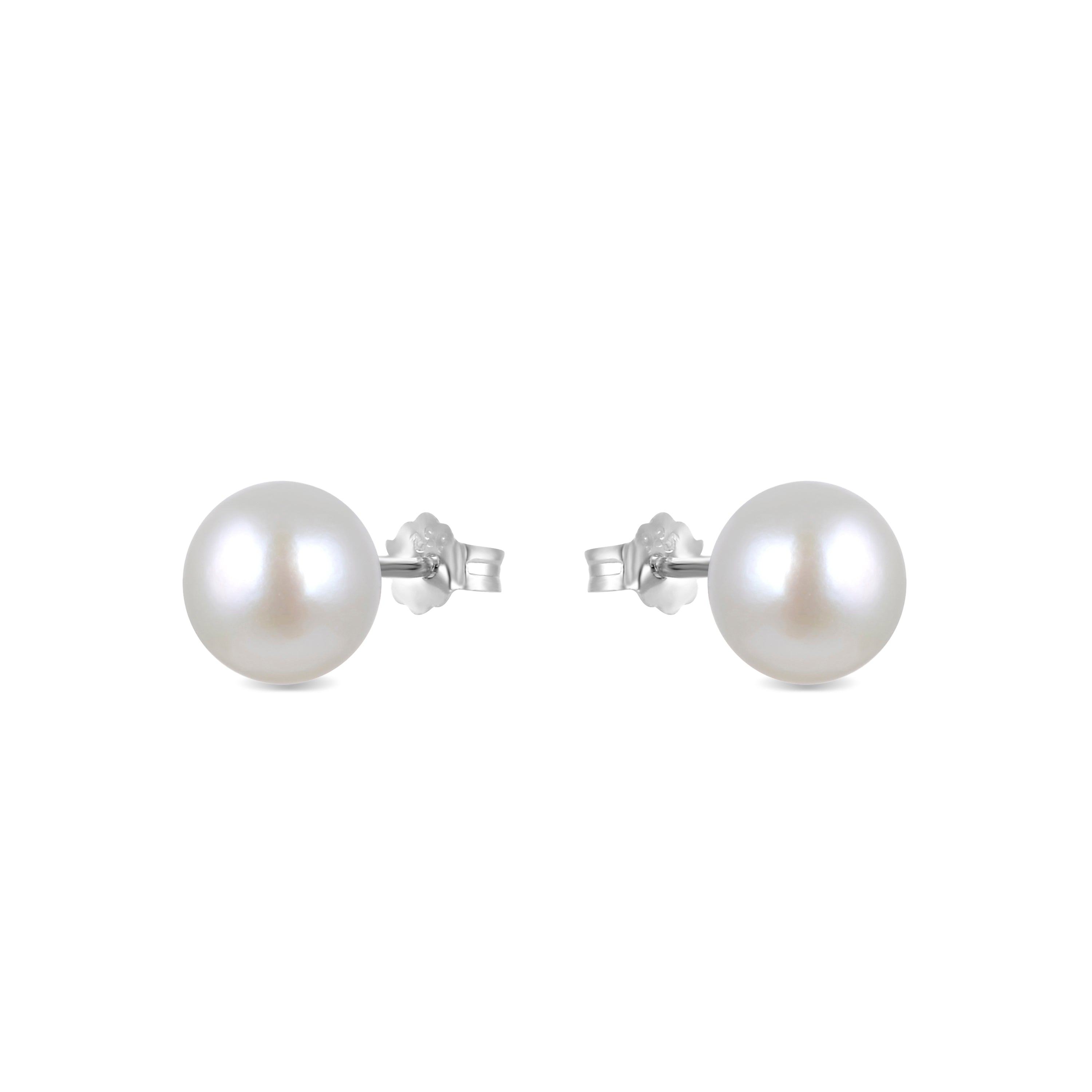 8mm 925 Sterling Silver White Pearl Stud Earrings with Rhodium Finish - Basic