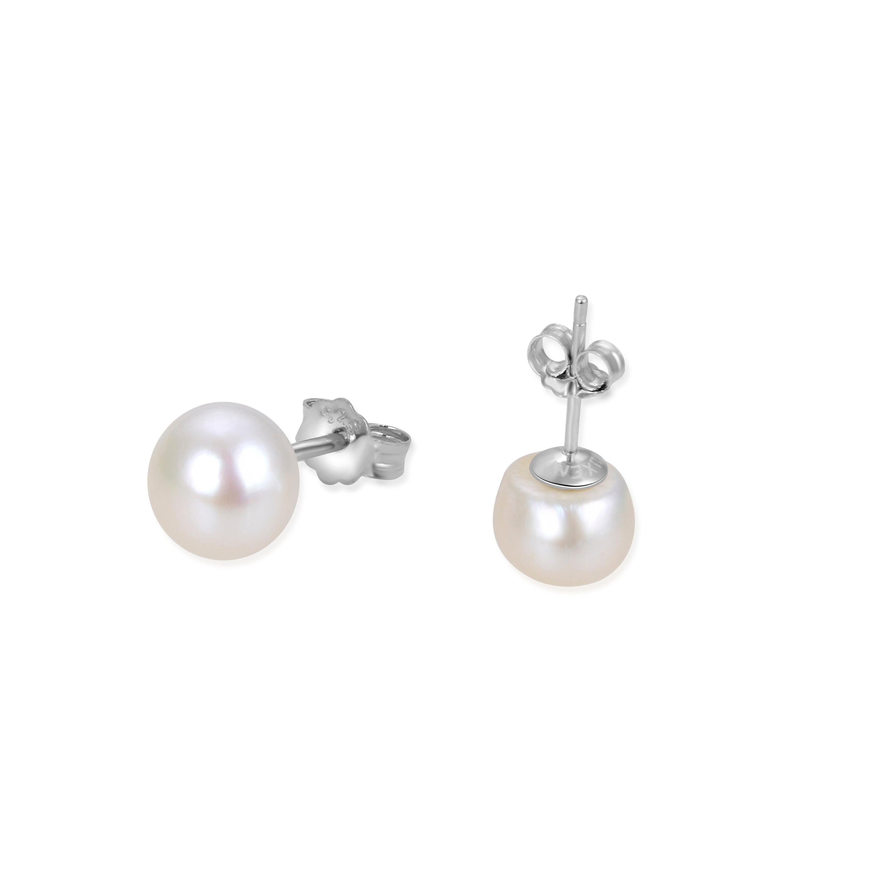 8mm 925 Sterling Silver White Pearl Stud Earrings with Rhodium Finish - Basic