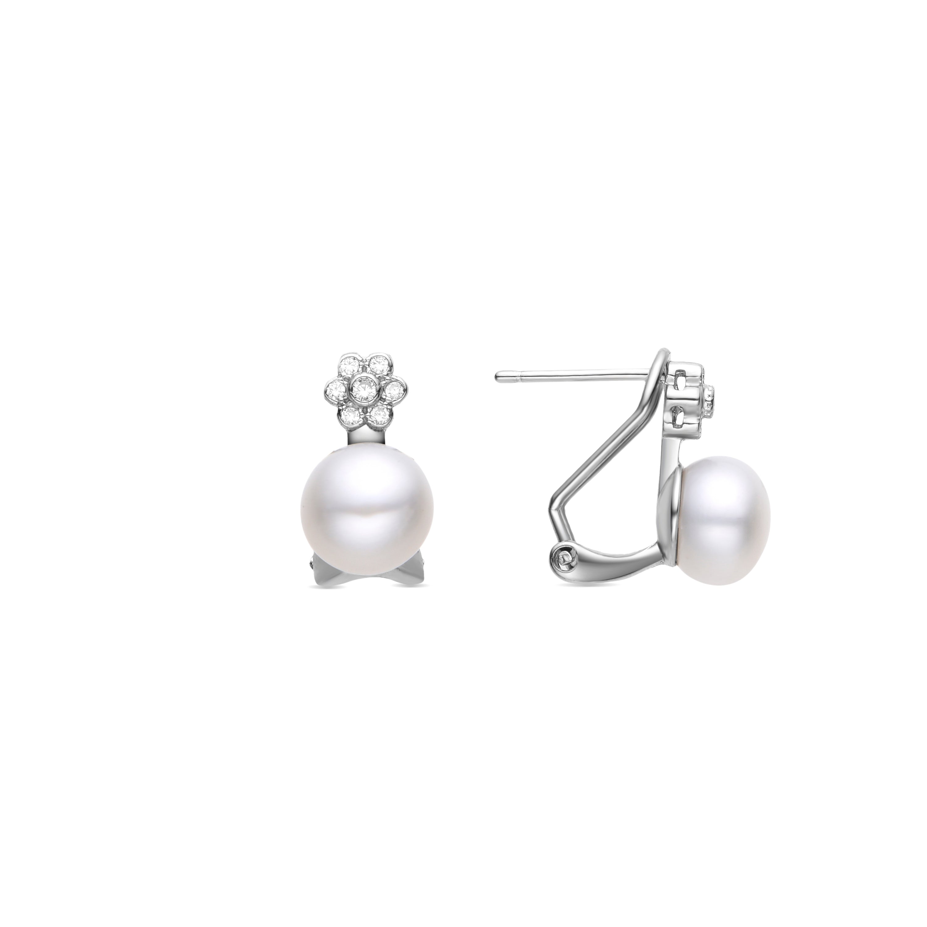 925 Sterling Silver Earrings with White Pearl, Rhodium Finish - Byla