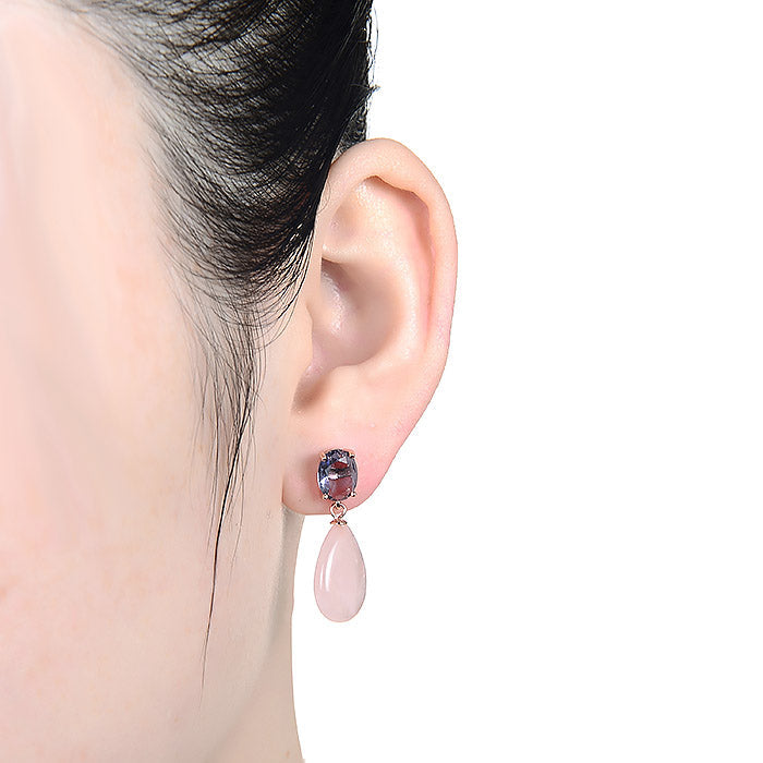 925 Sterling Silver Earrings with Rose Quartz Finished in 18K Rose Gold - Acriteo