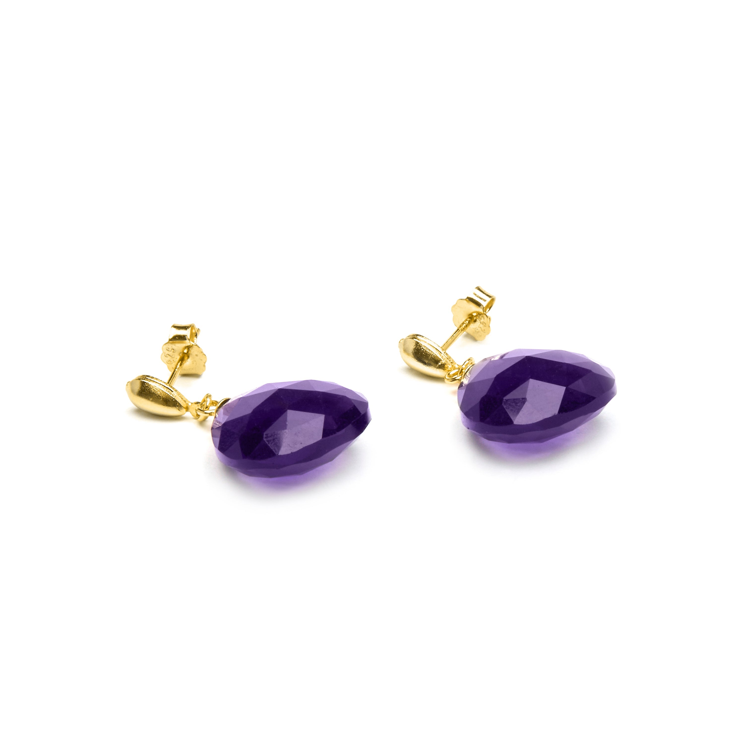 925 Sterling Silver Earrings with Natural Amethyst Finished in 18K Yellow Gold - Zoqoyi