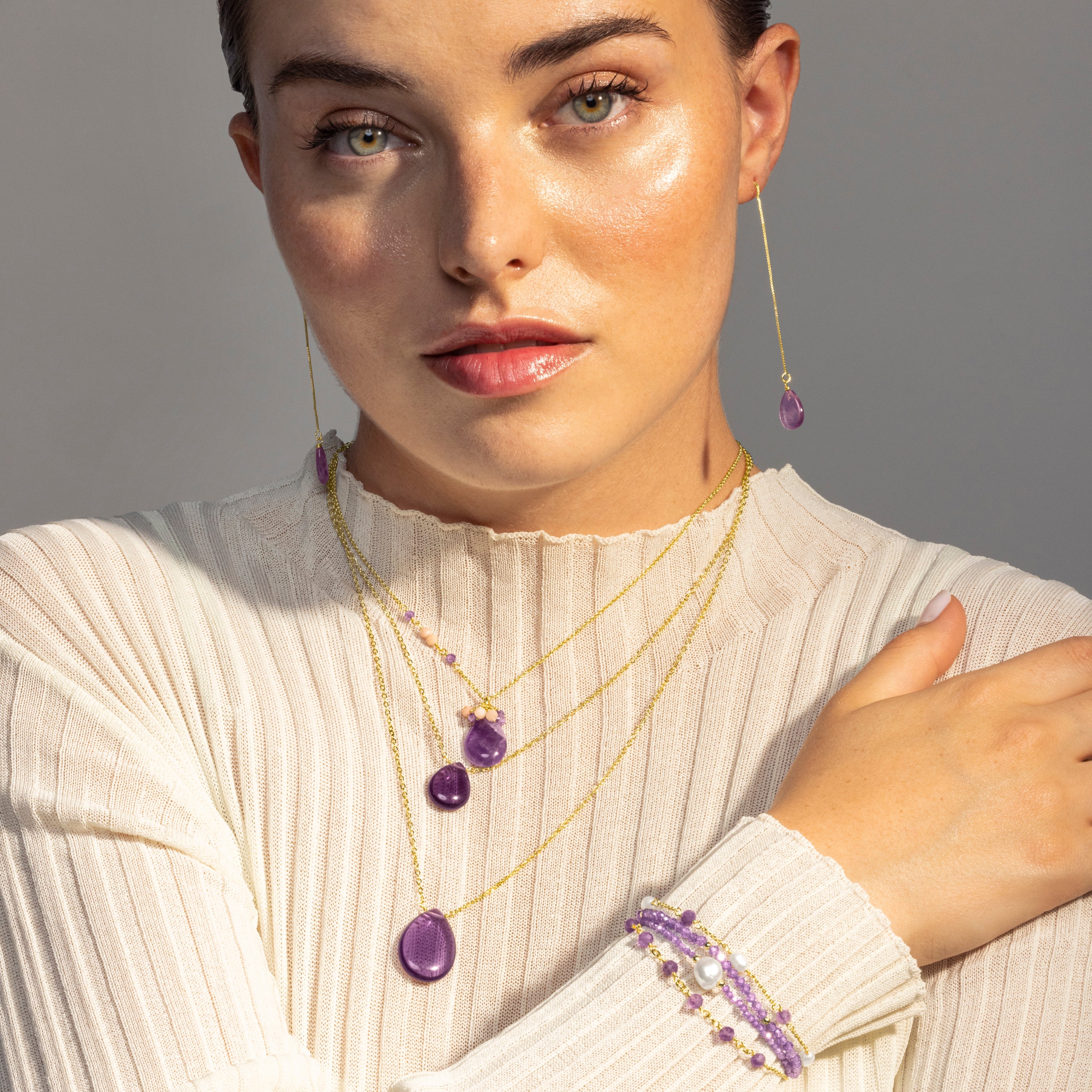 925 Sterling Silver Earrings with Natural Amethyst Finished in 18K Yellow Gold - Zoqoyi