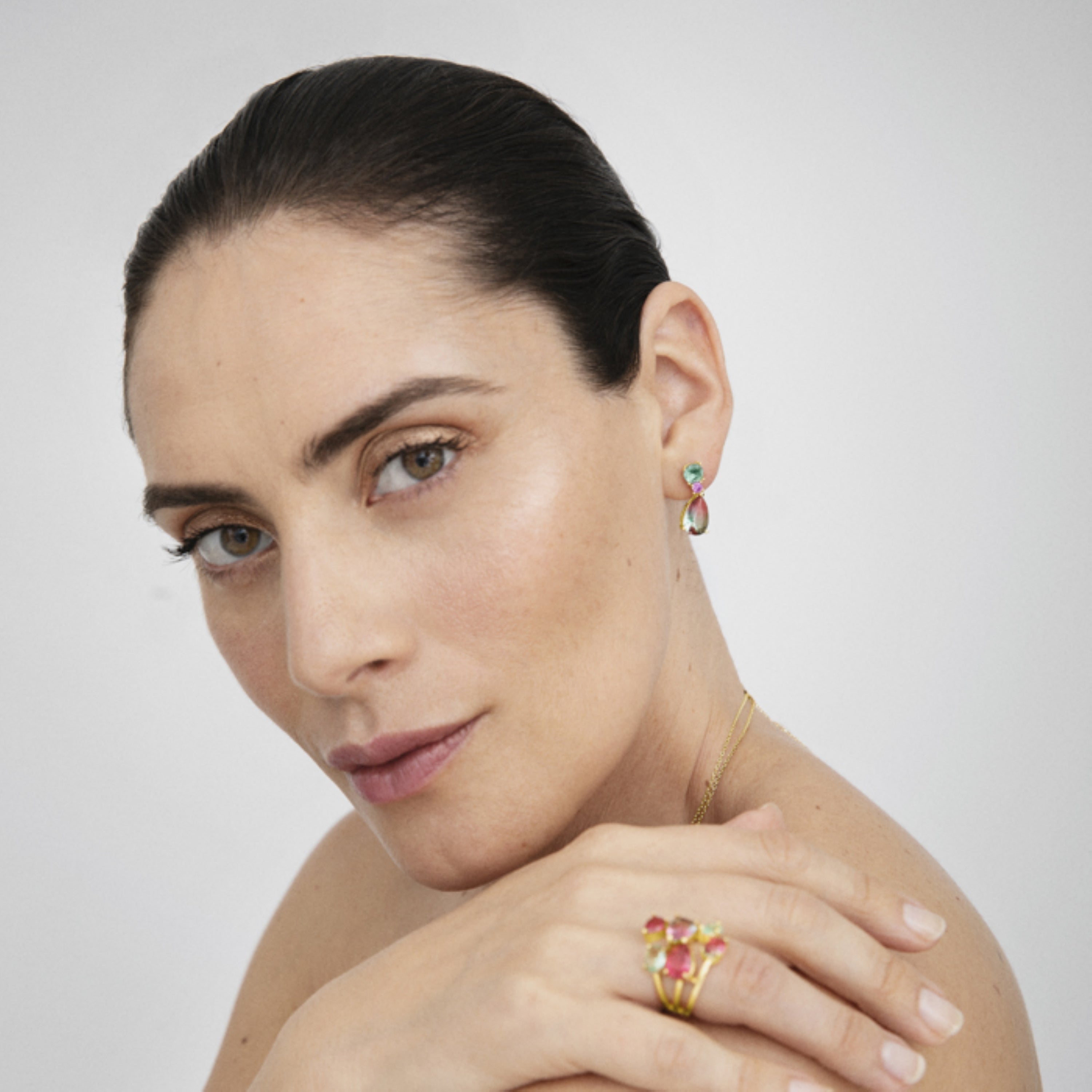 Pendientes de Plata de Ley 925 con Cuarzo Hidrotermal Multicolor acabados en oro amarillo 18K - Koarg