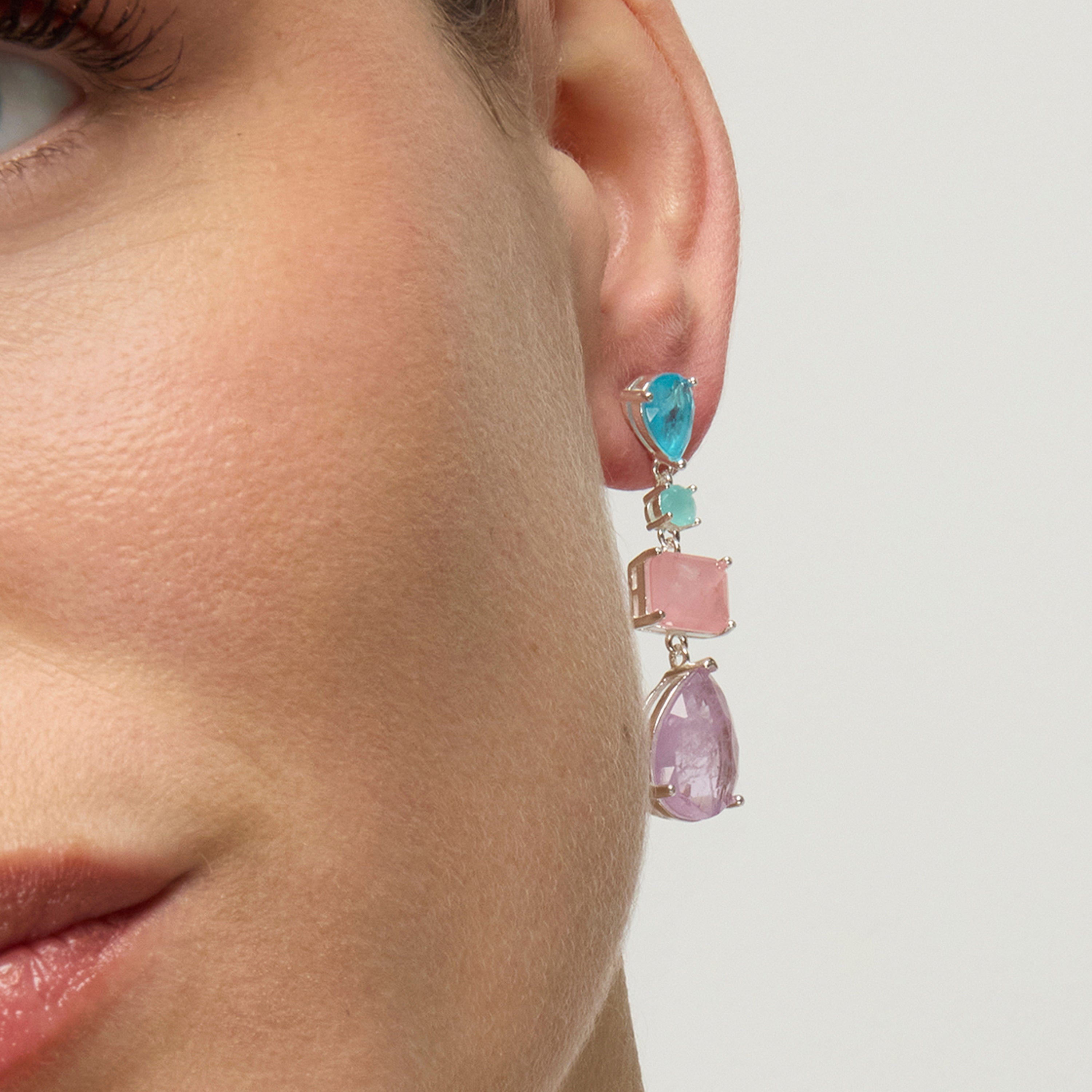 Pendientes de Plata de Ley 925 y Cuarzo Hidrotermal Multicolor acabado rodio - Mifa