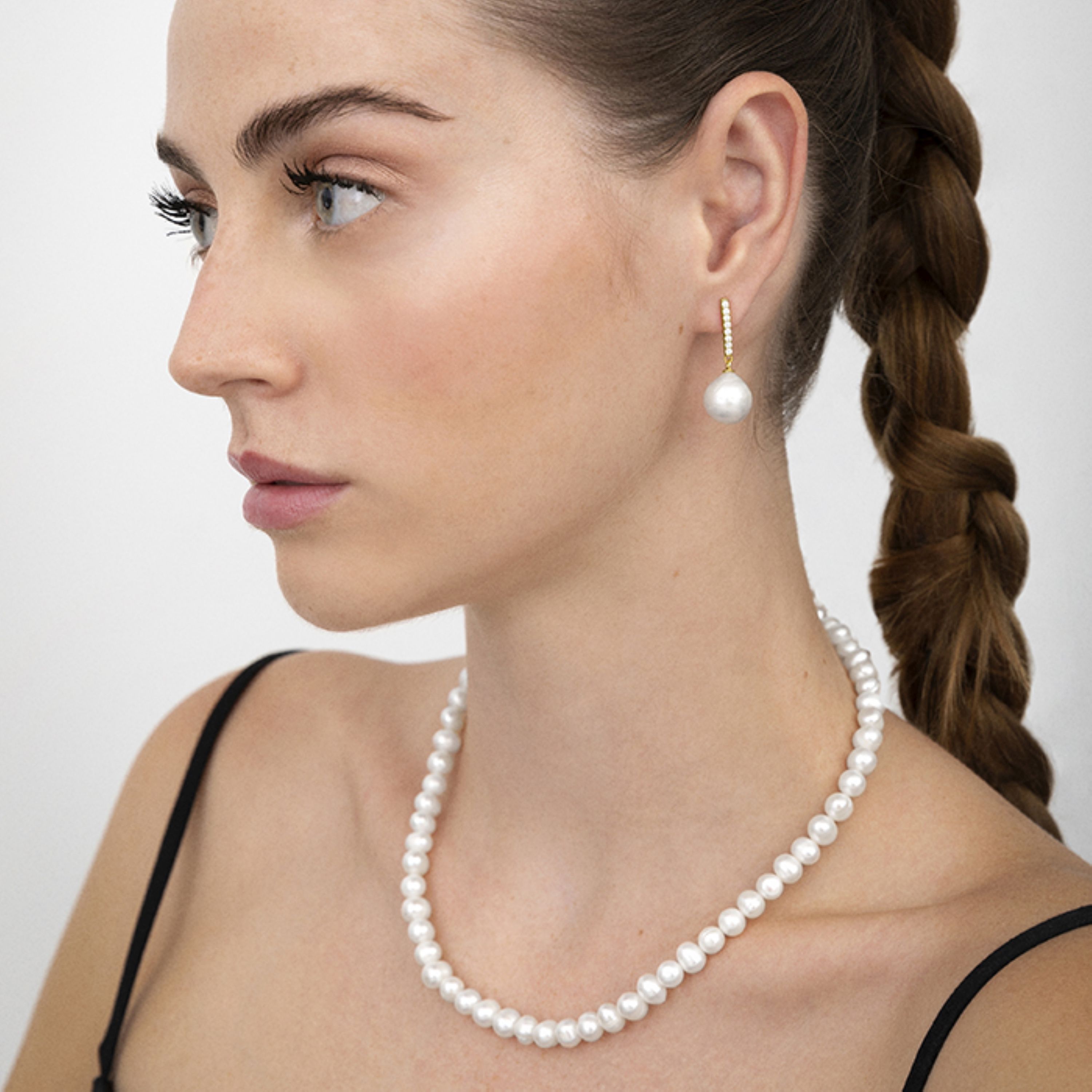 925 Sterling Silver Earrings with White Pearl, 18K Yellow Gold Finish - Nolshu