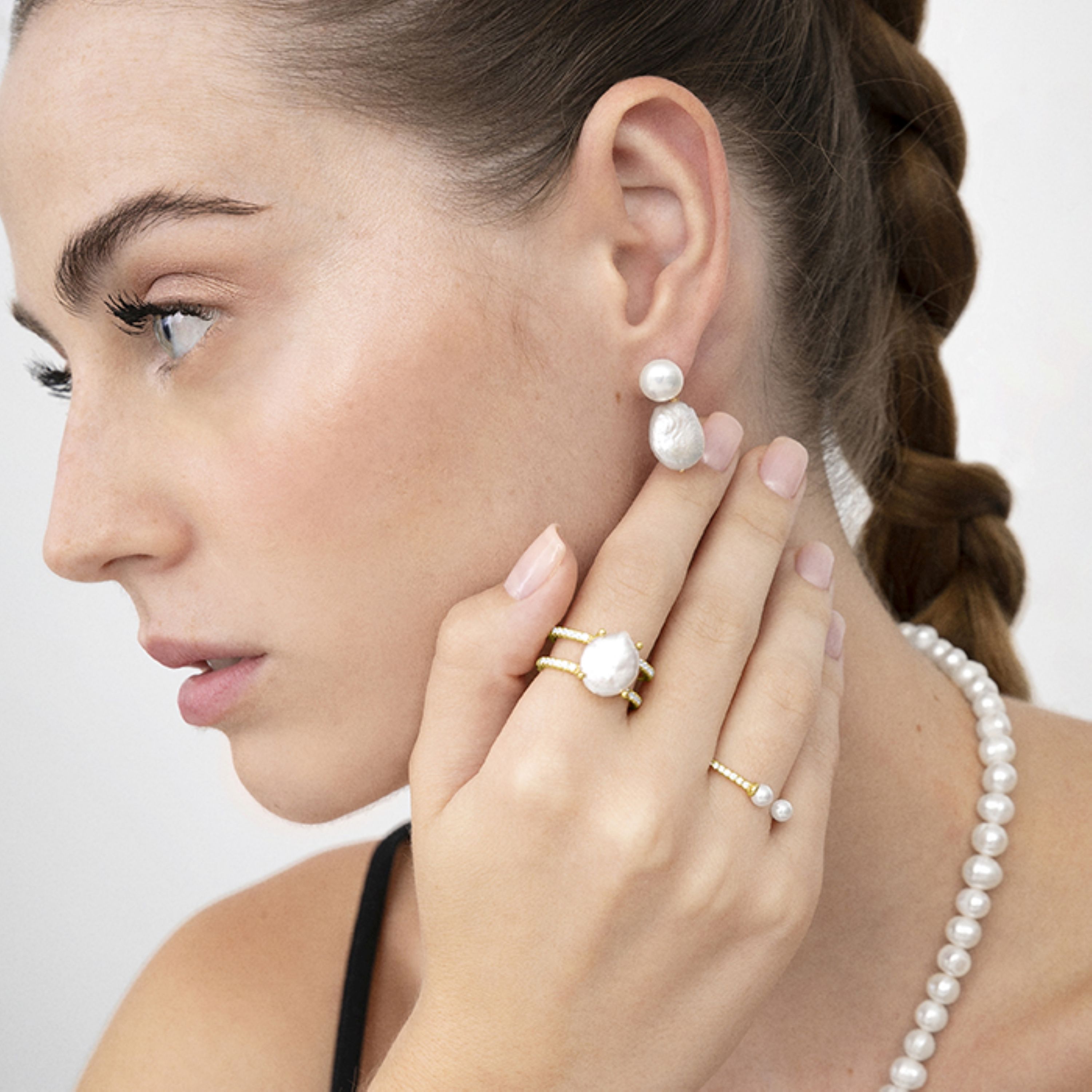 925 Sterling Silver Earrings with White Pearl finished in 18K Yellow Gold - Over