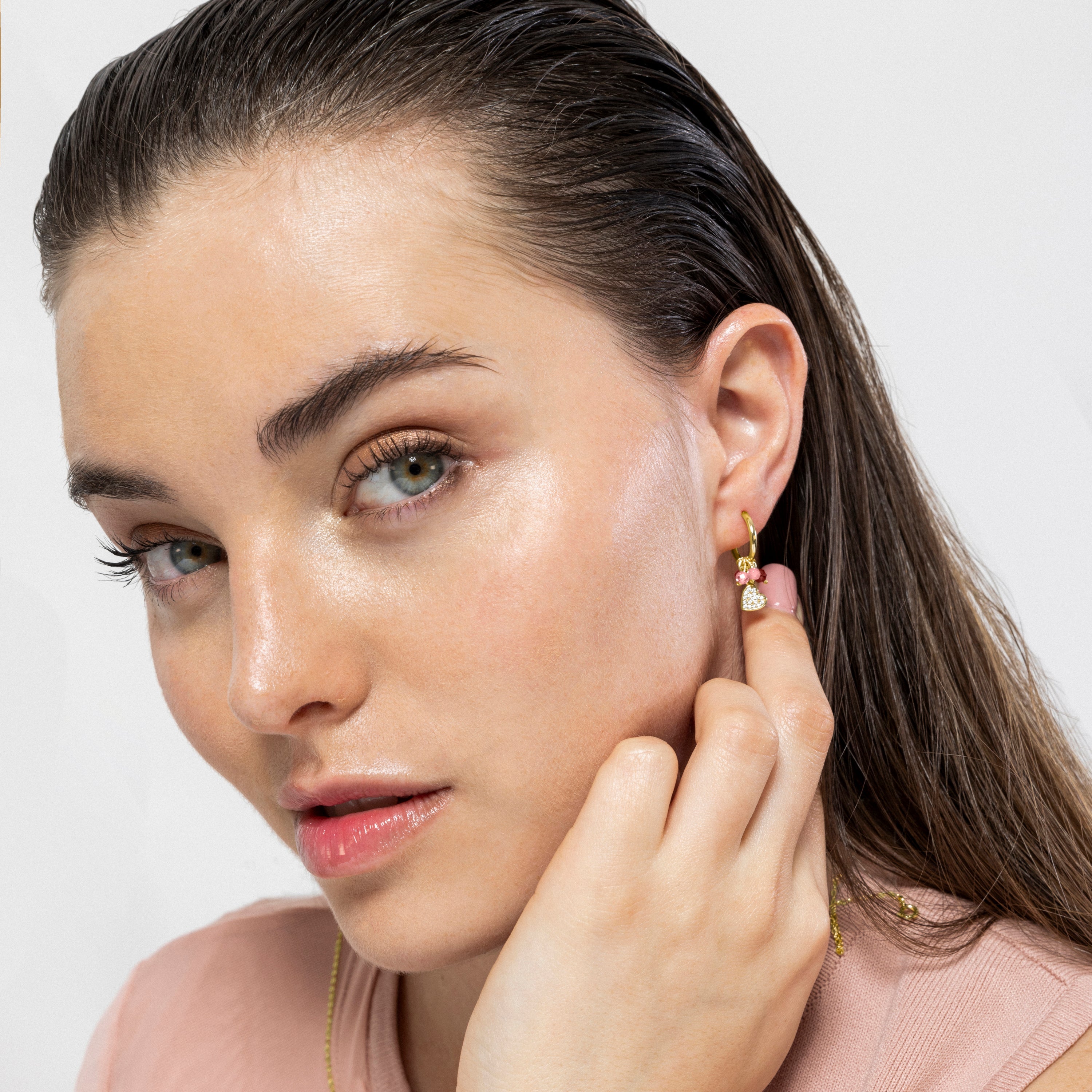 925 Sterling Silver and Pink Crystal Earrings finished in 18K yellow gold - Heart